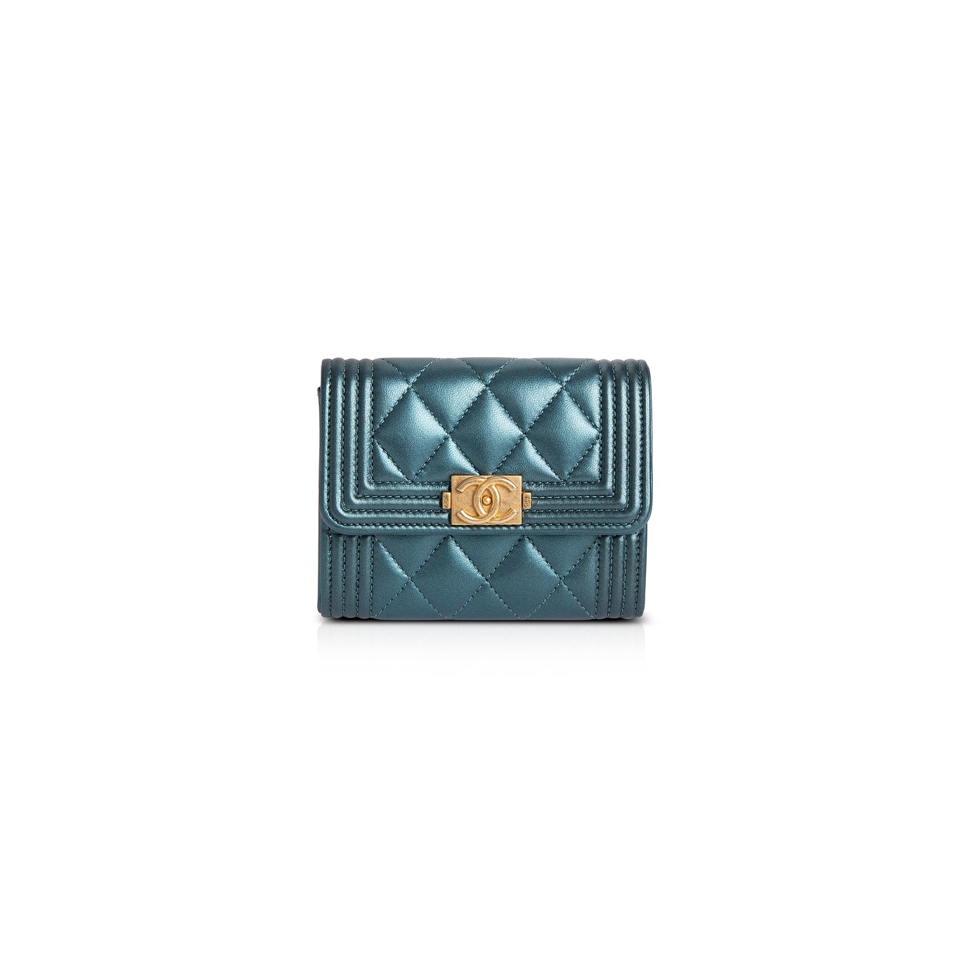 Chanel 2020 Metallic Lambskin Boy Flap Card Holder w/ Box & Authenticity Card