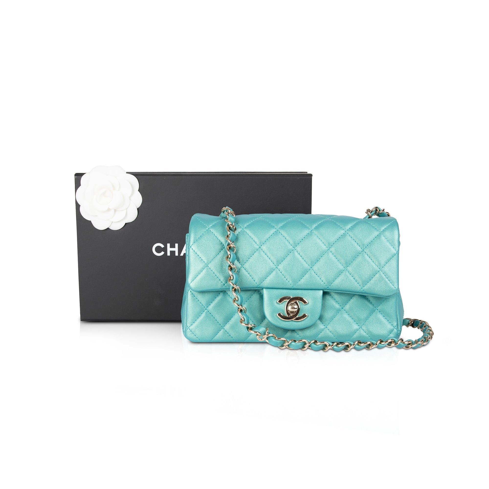 Chanel 2021 Green Iridescent Classic Mini Rectangular Flap Bag w/ Box & Authenticity Card