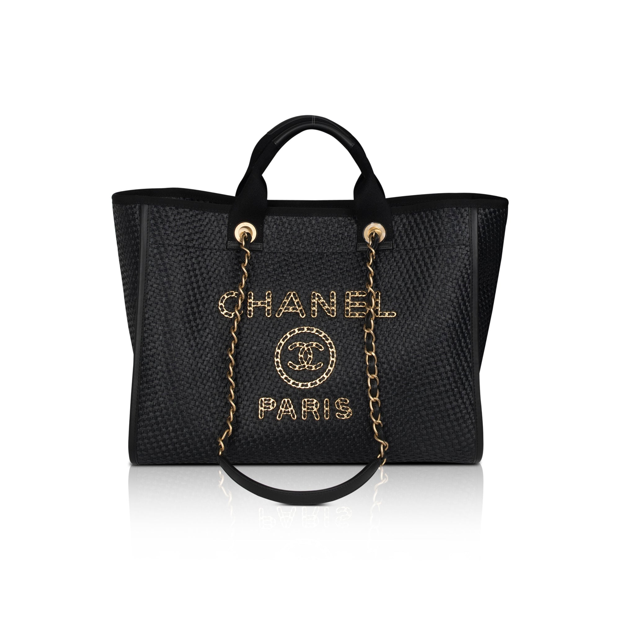 Chanel 2021 Straw Raffia Calfskin Chain Medium Deauville Tote w/ Box, Receipt & Authenticity Card