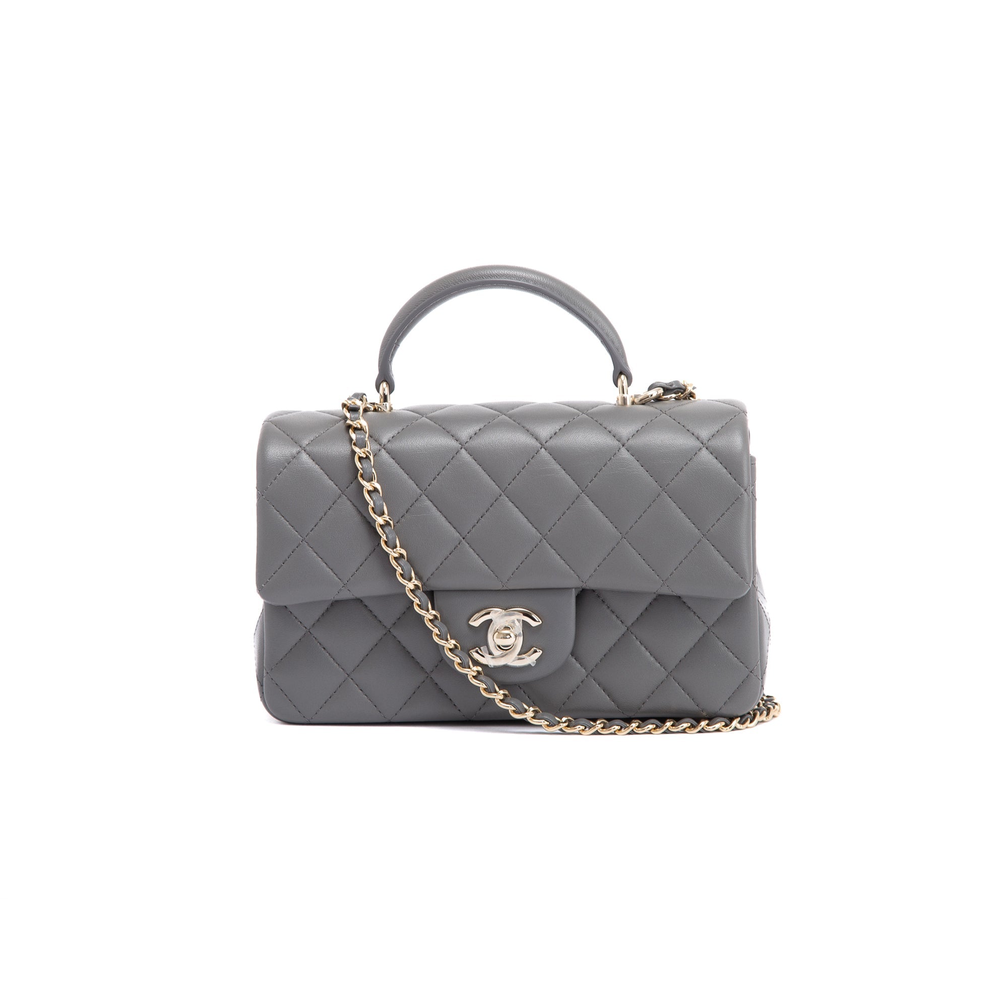 Chanel 2022 Grey Lambskin Quilted Mini Top Handle Rectangular Flap Bag w/ Box