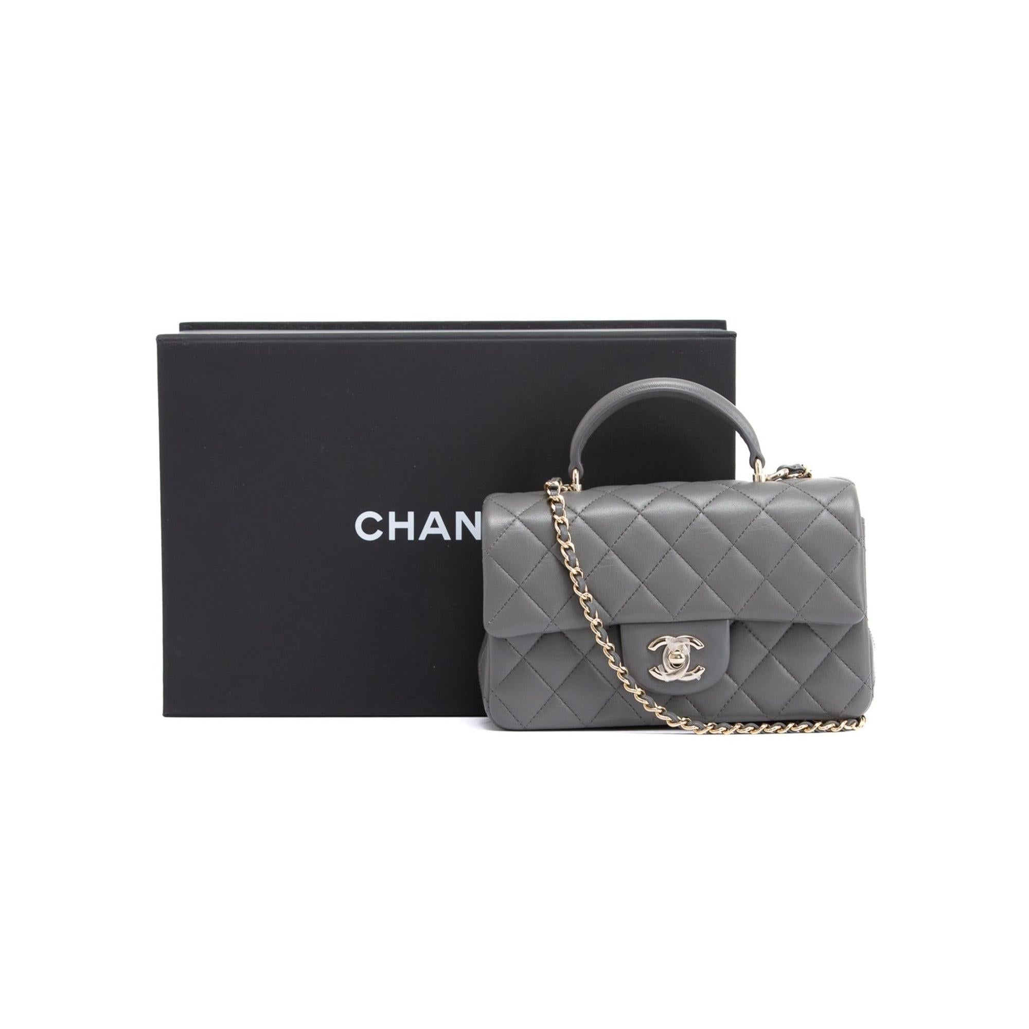 Chanel 2022 Grey Lambskin Quilted Mini Top Handle Rectangular Flap Bag w/ Box