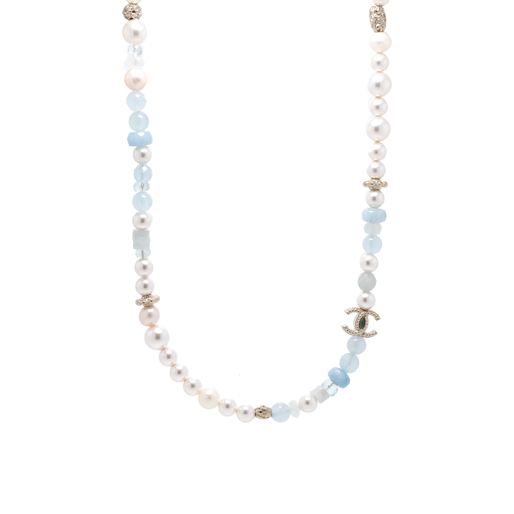 Chanel Aquamarine & Quartz Bead, Faux Pearl & CC Station Necklace w/ Box