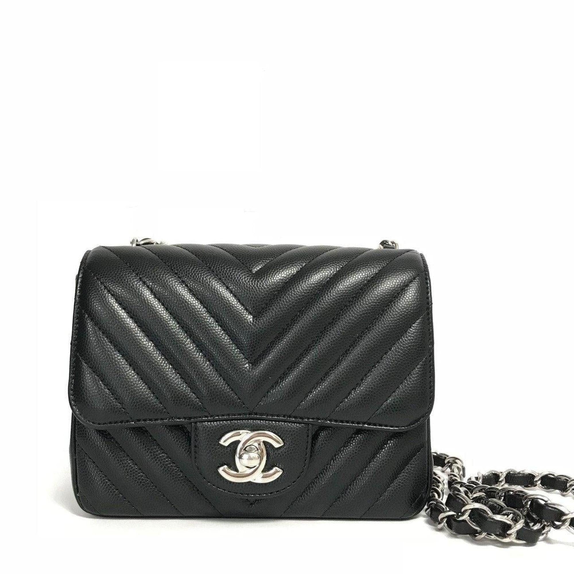 Chanel Black Caviar Chevron Mini Square Flap Handbag