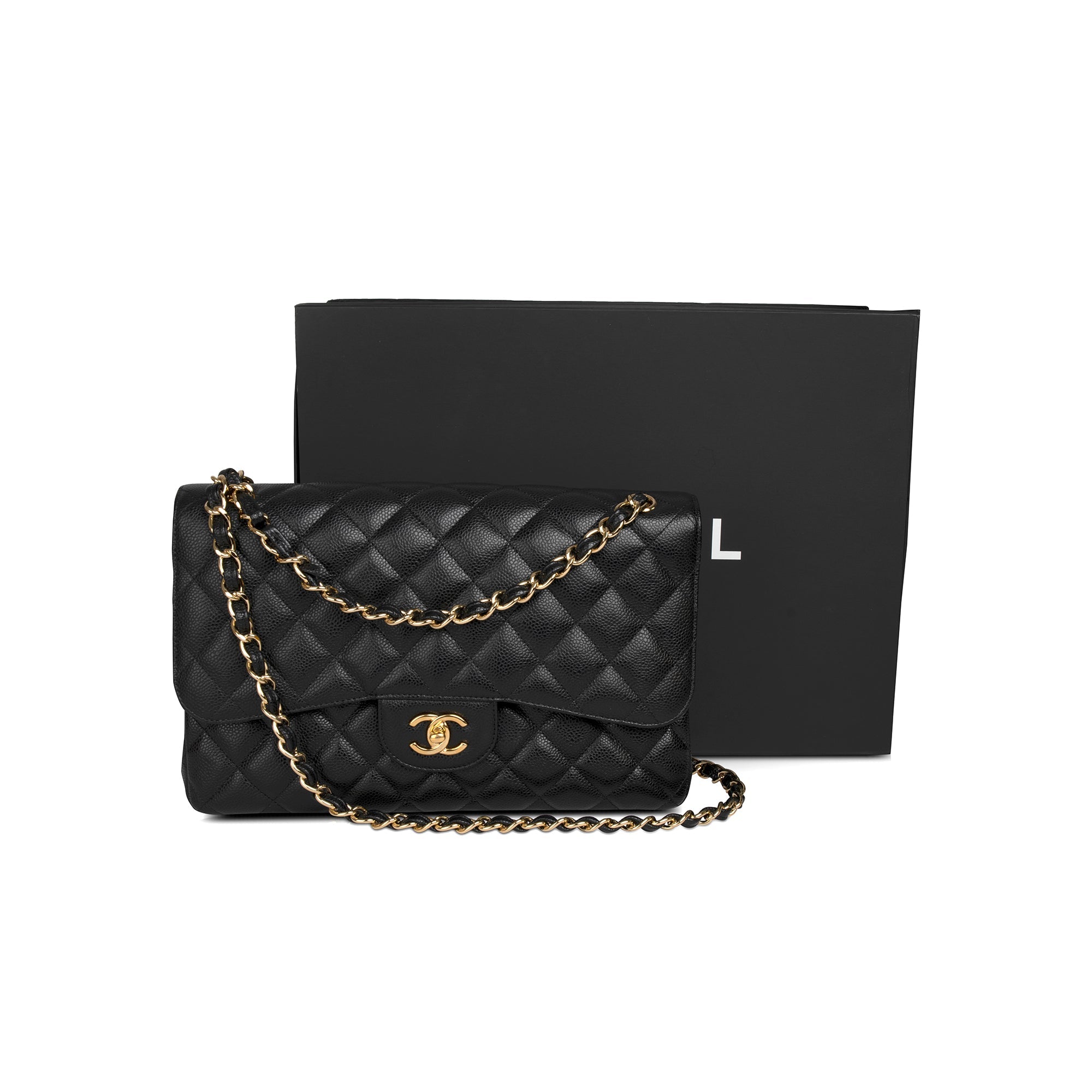 Chanel Black Caviar Classic Jumbo Double Flap Bag w/ Box