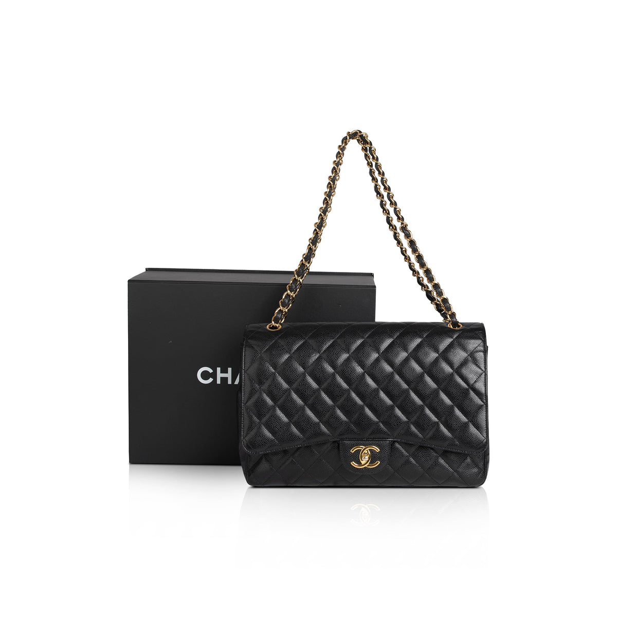 Authentic Chanel Maxi Single Flap Bag Black Caviar Leather Silver