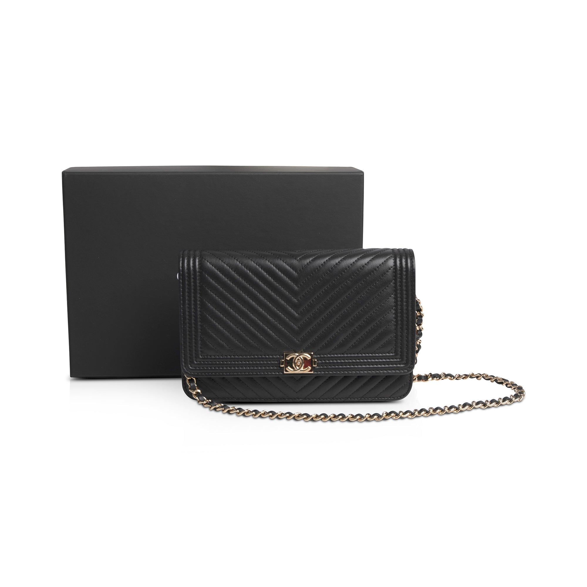 Chanel Black Chevron Boy Wallet on Chain w/ Box & Authenticity Card