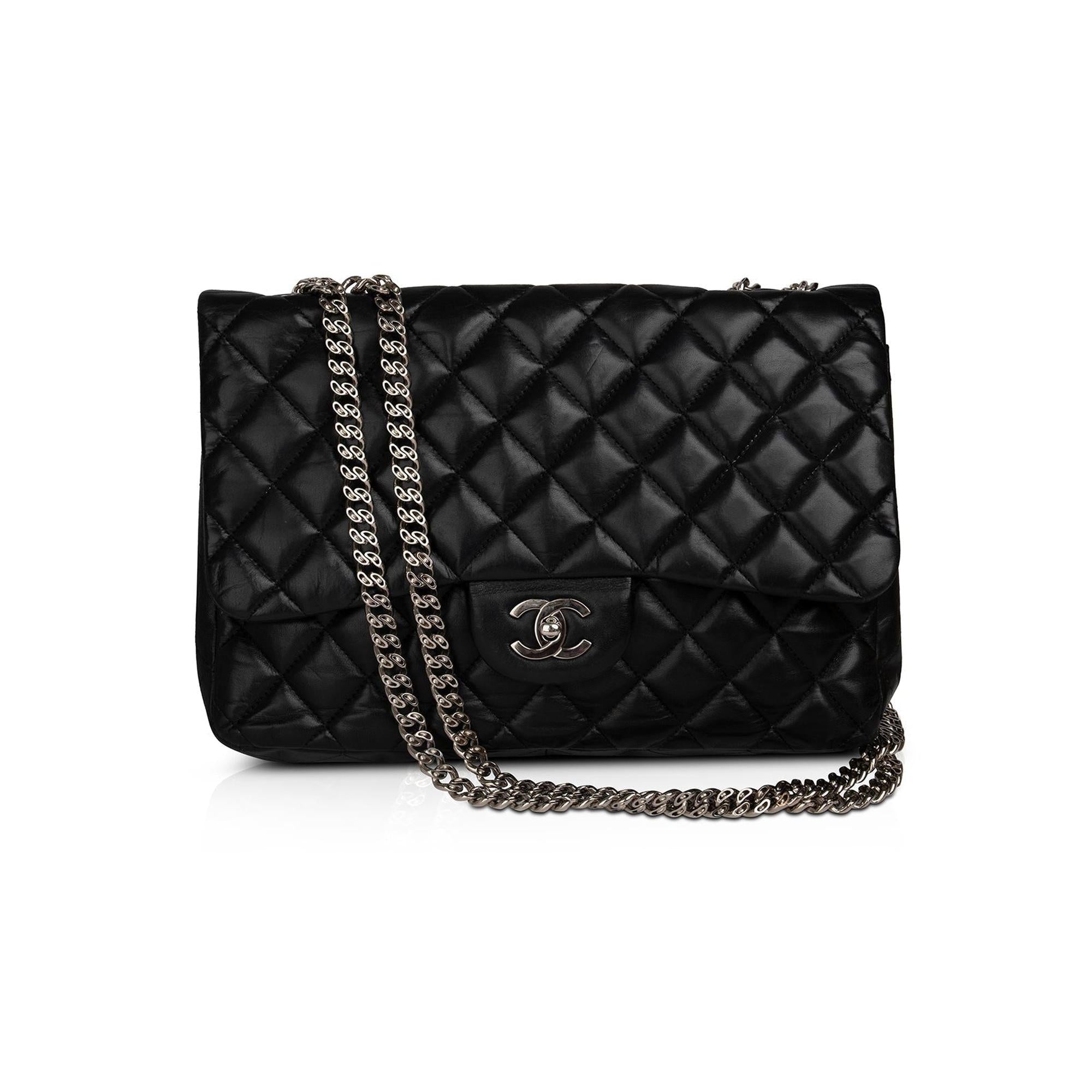 Chanel Black Lambskin Bijoux Chain Jumbo Single Flap Bag w/ Authenticity Card