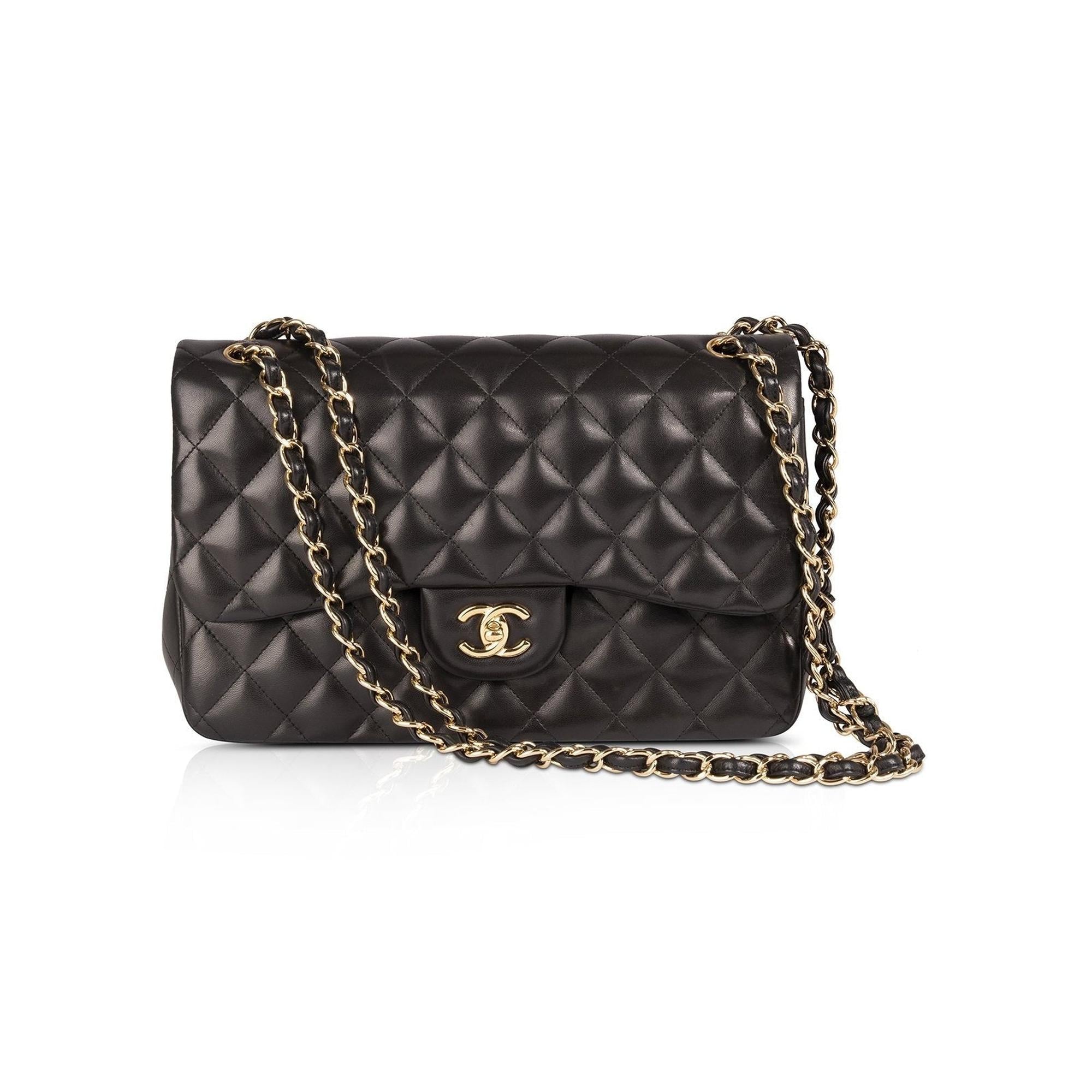 Chanel Black Lambskin Classic Jumbo Double Flap Bag w/ Box & Authenticity Card