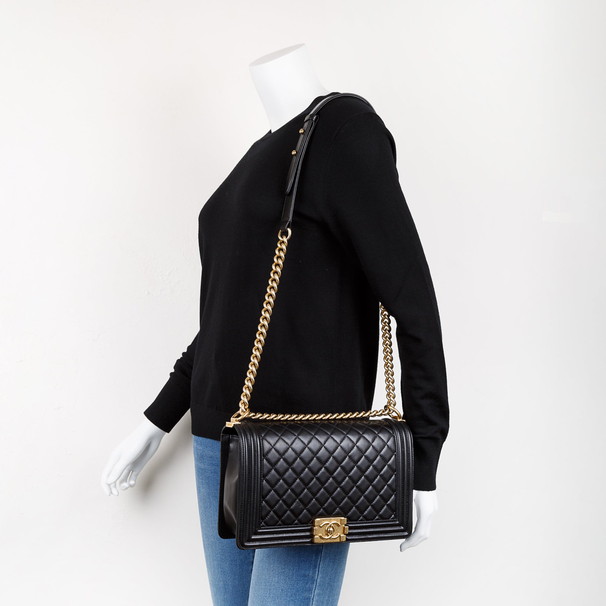 Chanel Black Lambskin Large Boy Bag w/ Authenticity Card