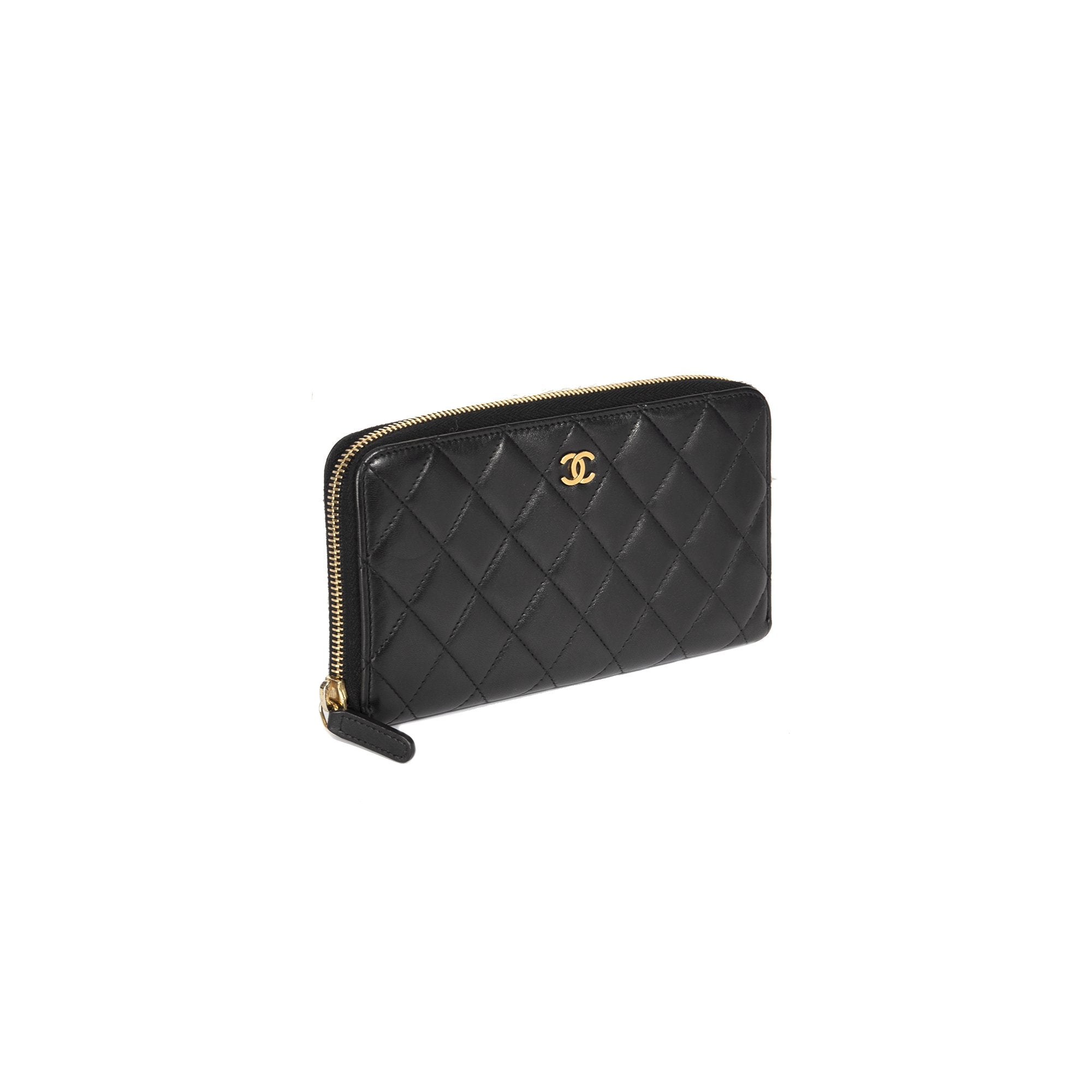 Chanel Black Lambskin Quilted Long Zip Wallet
