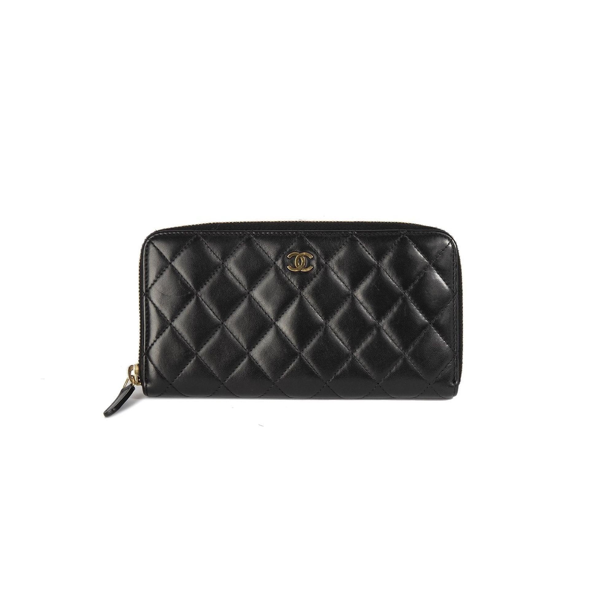 Chanel Black Lambskin Quilted Long Zip Wallet