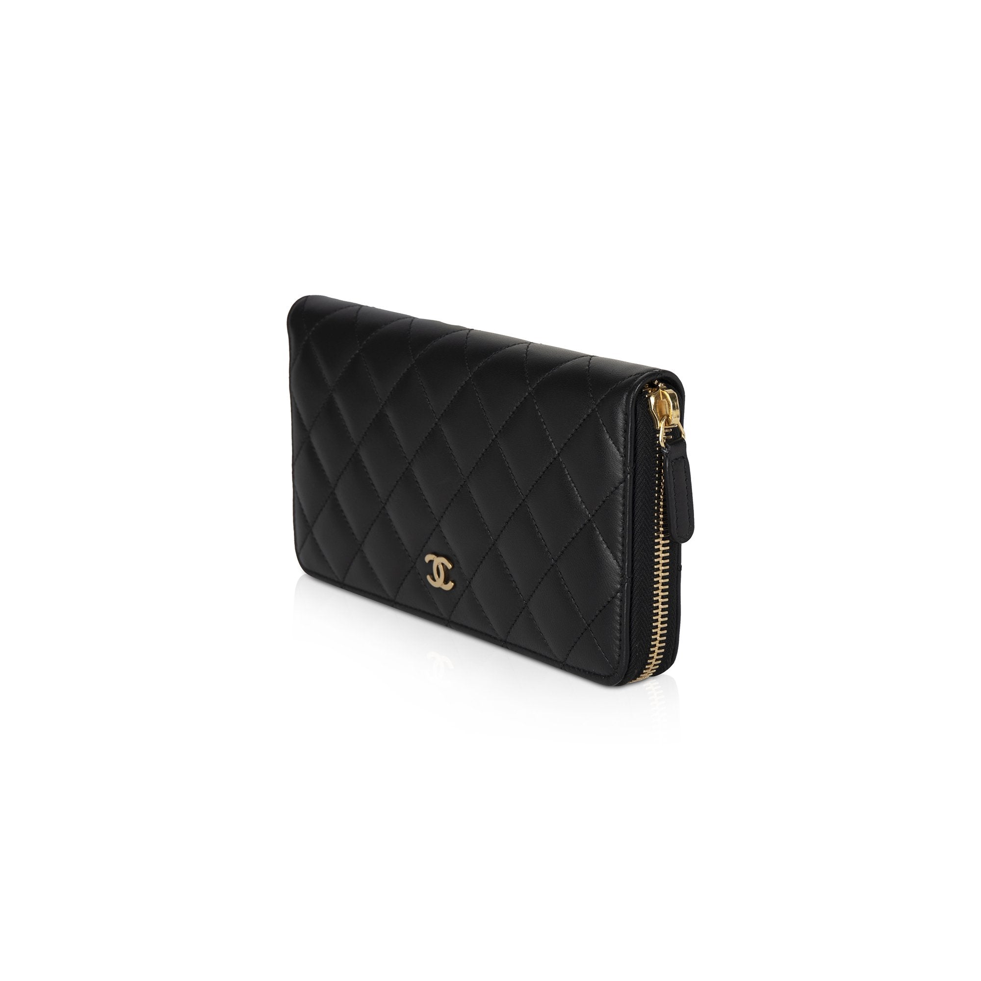 Chanel Black Lambskin Quilted Zip Wallet w/ Box & Authenticity Card