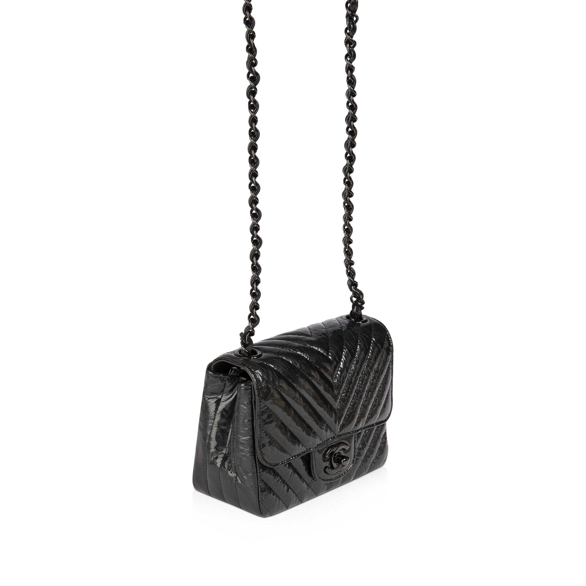 Chanel Black Patent Chevron Classic Mini Square Flap Bag w/ Box & Authenticity Card