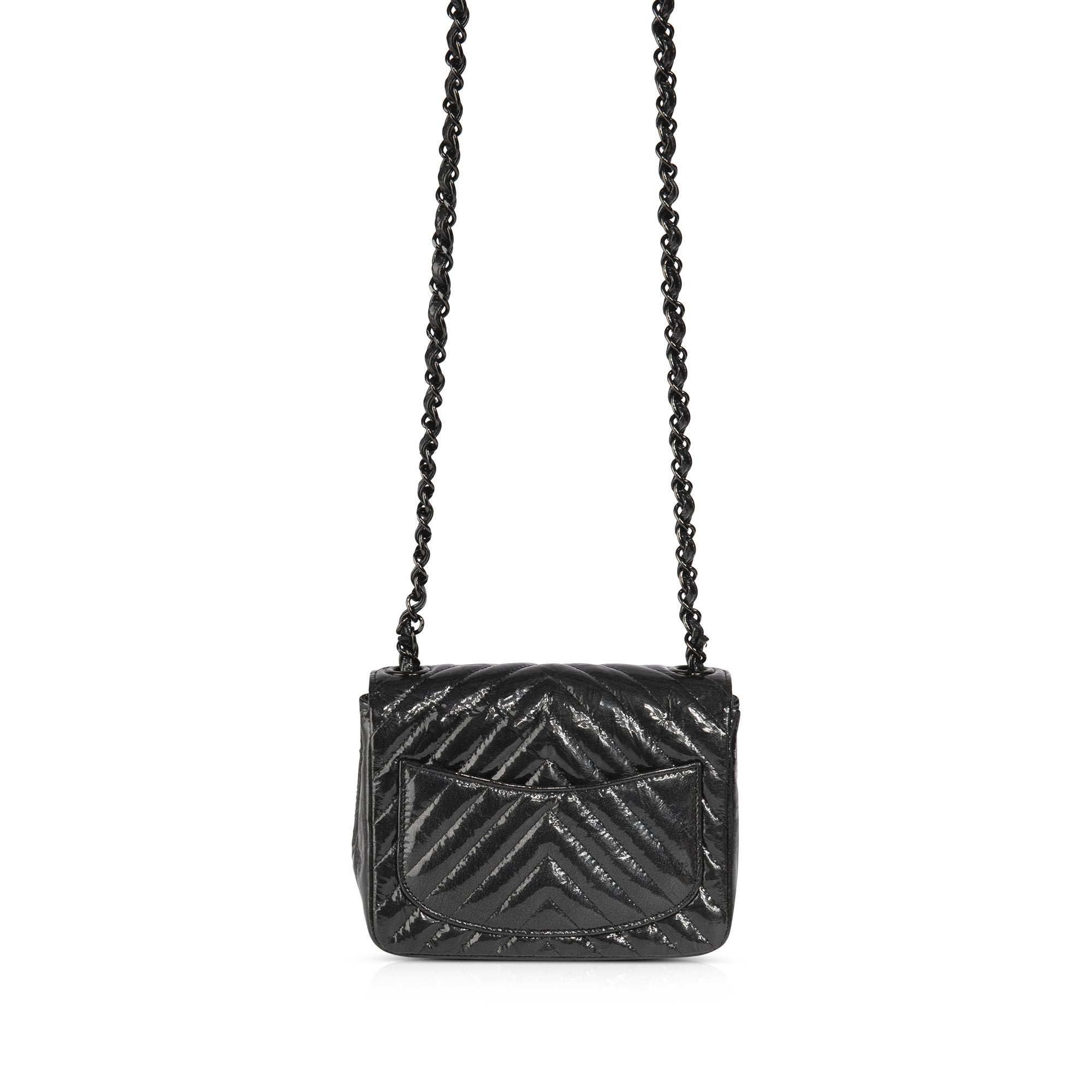 Chanel Black Patent Chevron Classic Mini Square Flap Bag w/ Box & Authenticity Card