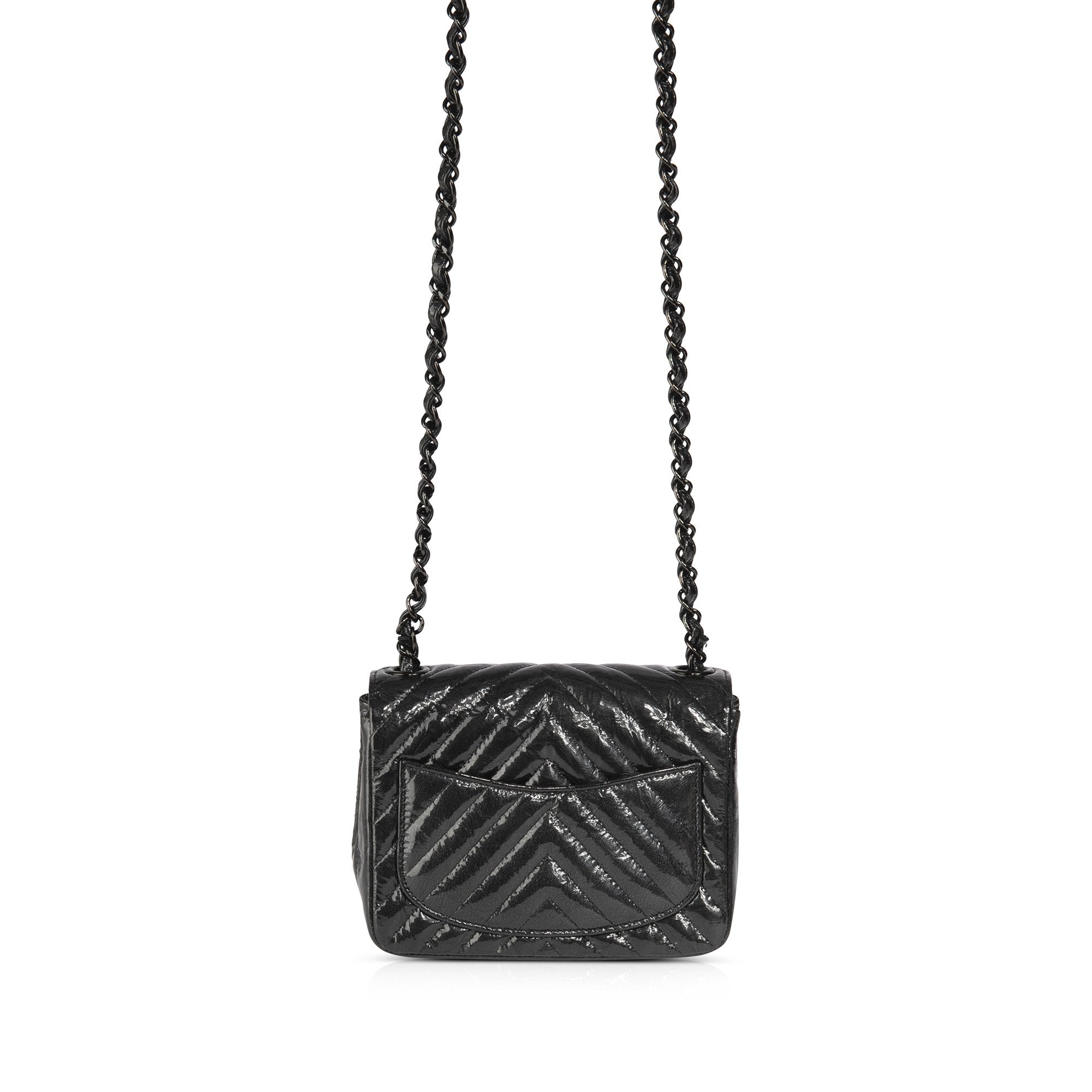 Chanel Black Patent Chevron Classic Mini Square Flap Bag w/ Box
