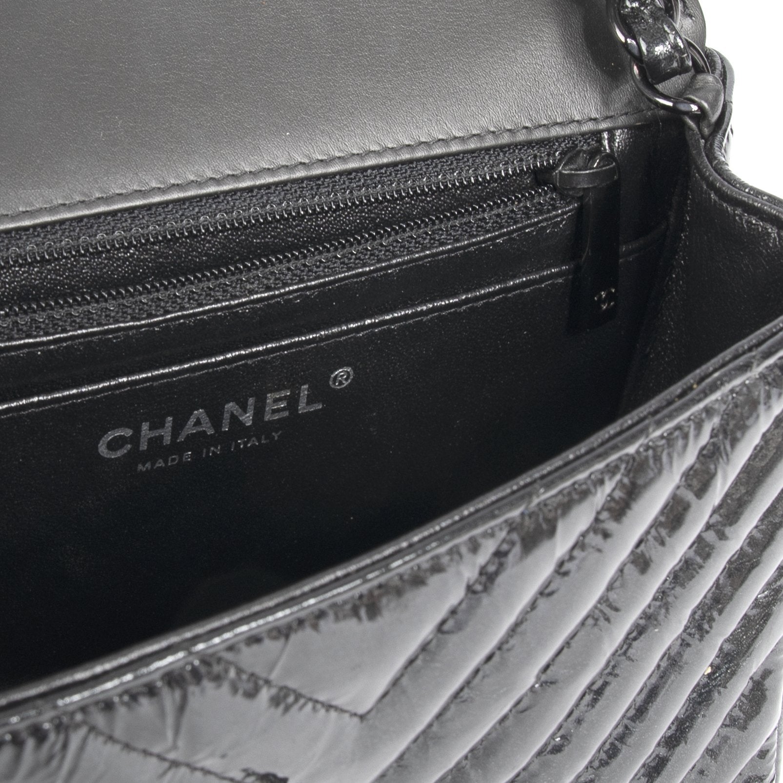 Chanel Black Patent Chevron Classic Mini Square Flap Bag w/ Box & Authenticity Card