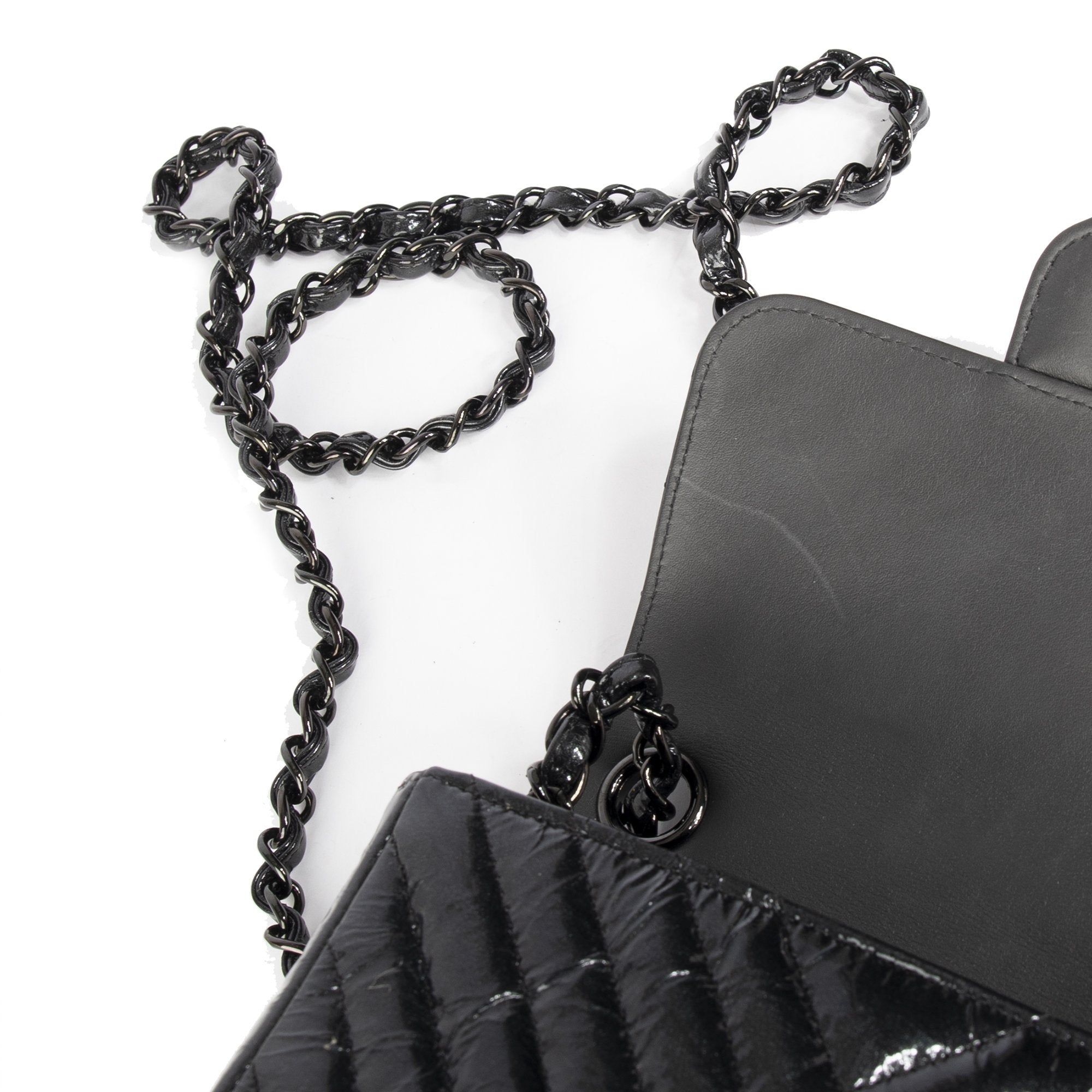 Chanel Black Patent Chevron Classic Mini Square Flap Bag w/ Box