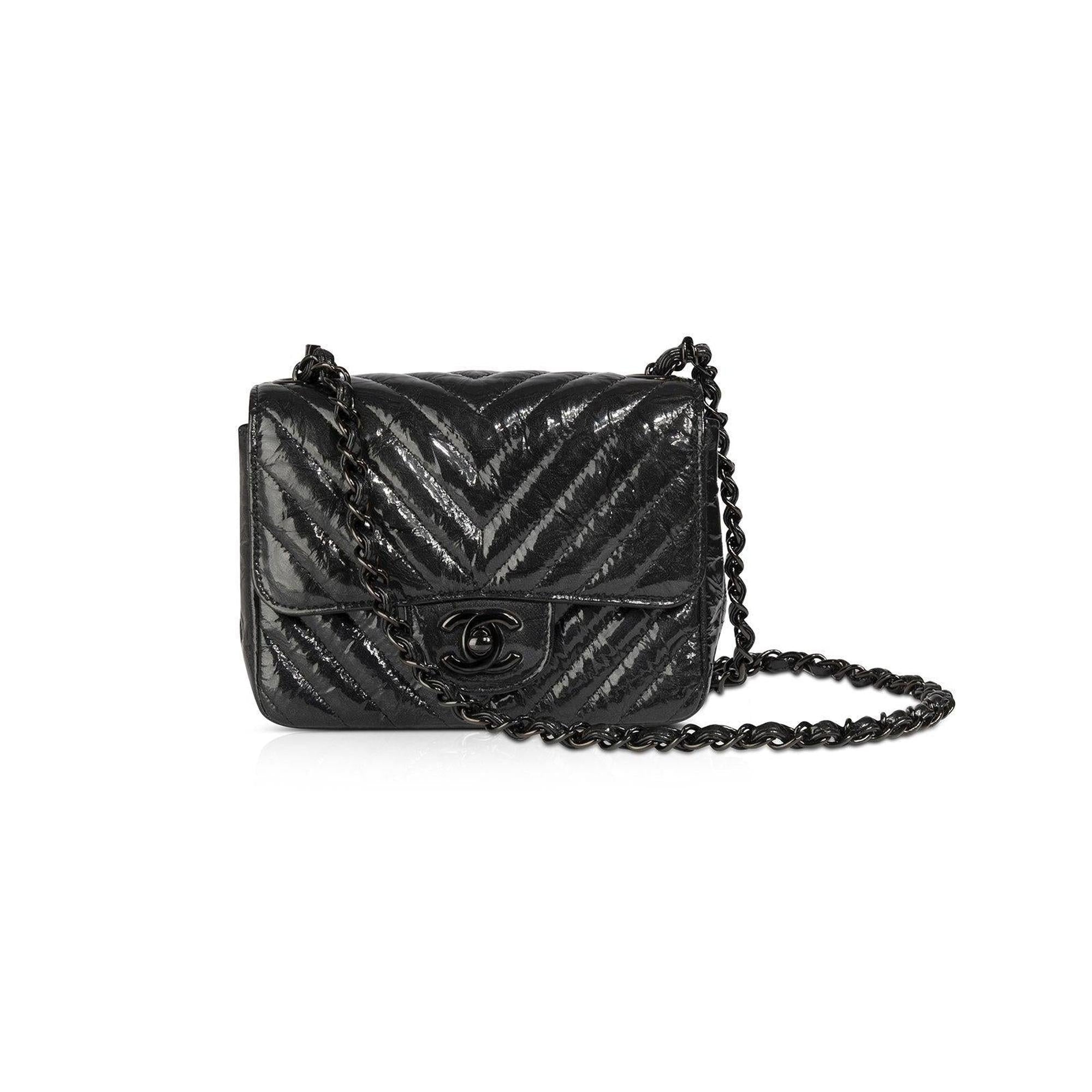 Chanel Black Patent Chevron Classic Mini Square Flap Bag w/ Box & Authenticity Card