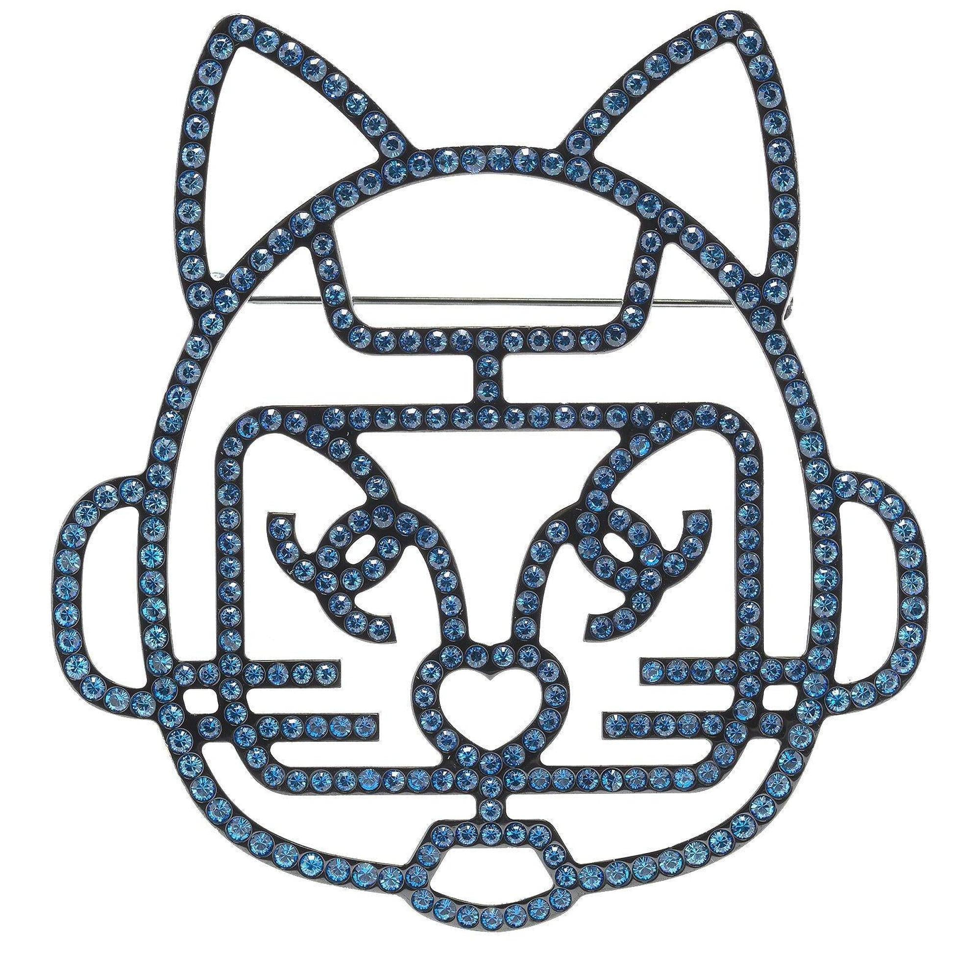 Chanel Blue Crystal Cat Brooch w/ Box