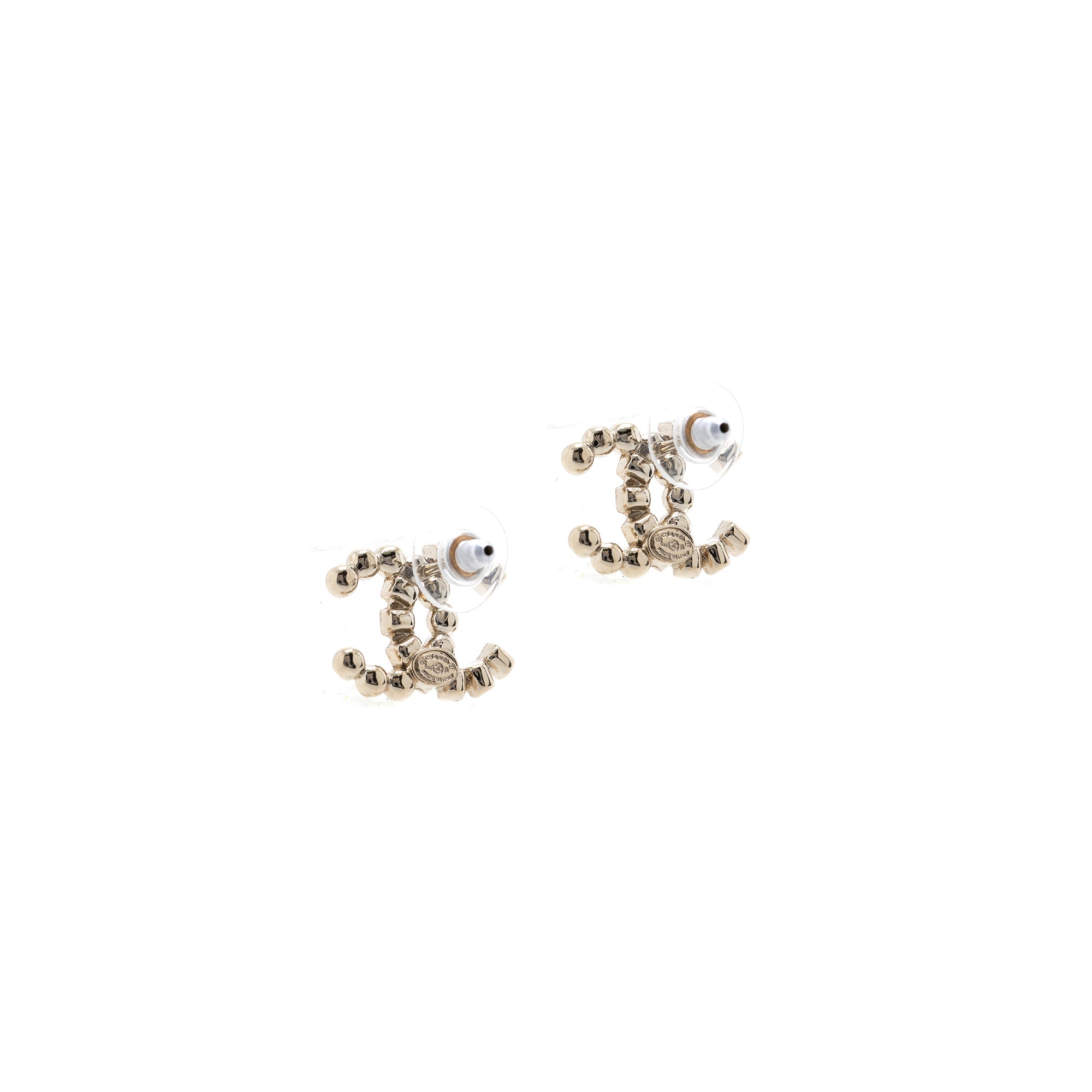 Chanel Brown & White Crystal CC Stud Earrings w/ Box