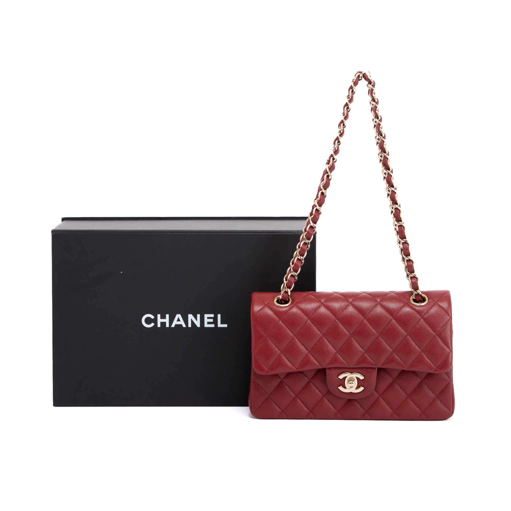 Chanel Burgundy Caviar Small Classic Double Flap Bag w/ Box & Authenticity Card