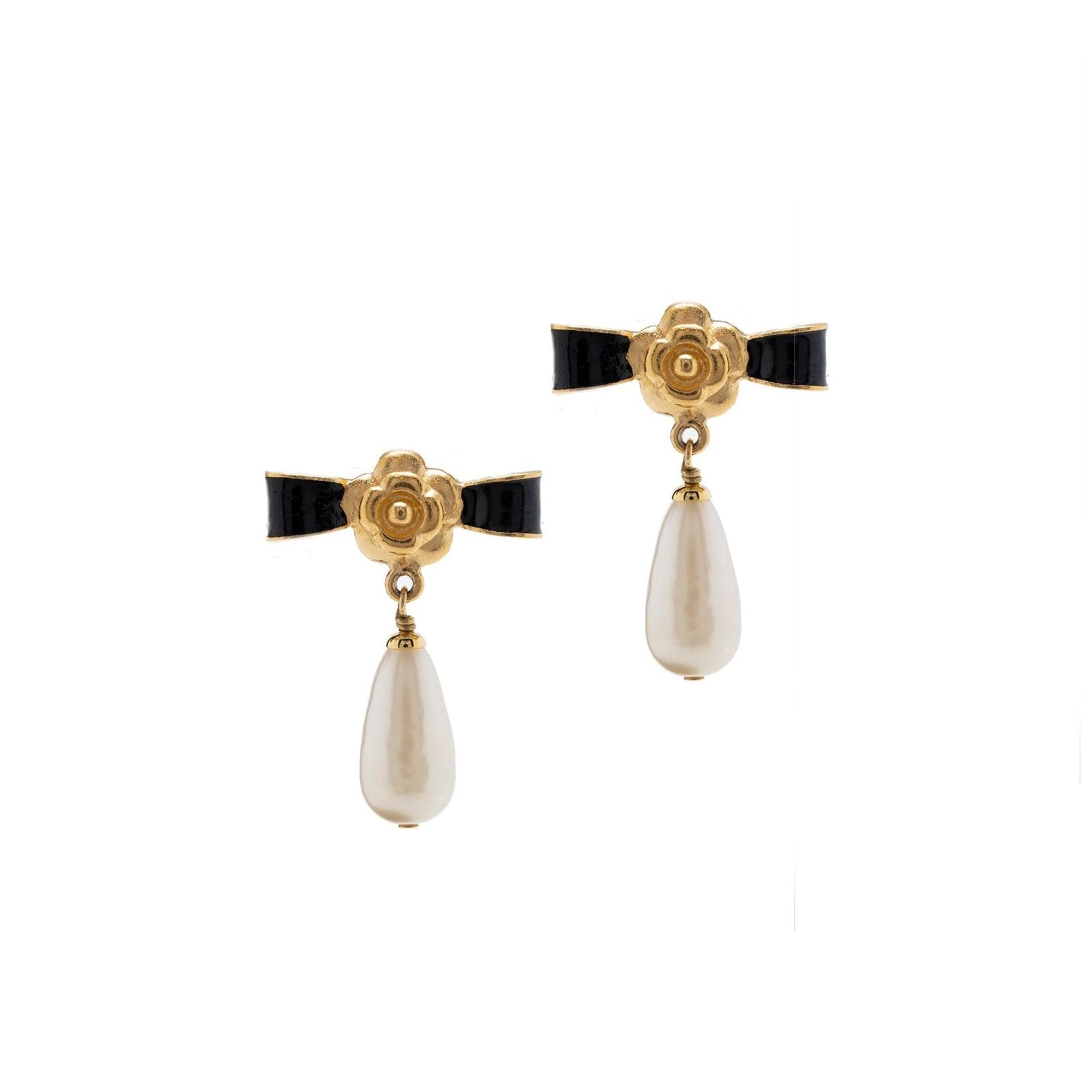 Chanel Camellia Bow Faux Pearl Clip-On Drop Earrings
