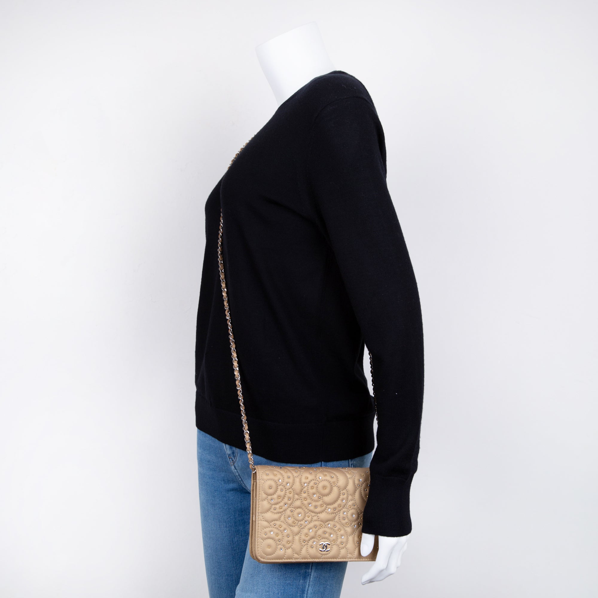 Chanel Camellia Studded Wallet on Chain w/ Authenticity Card