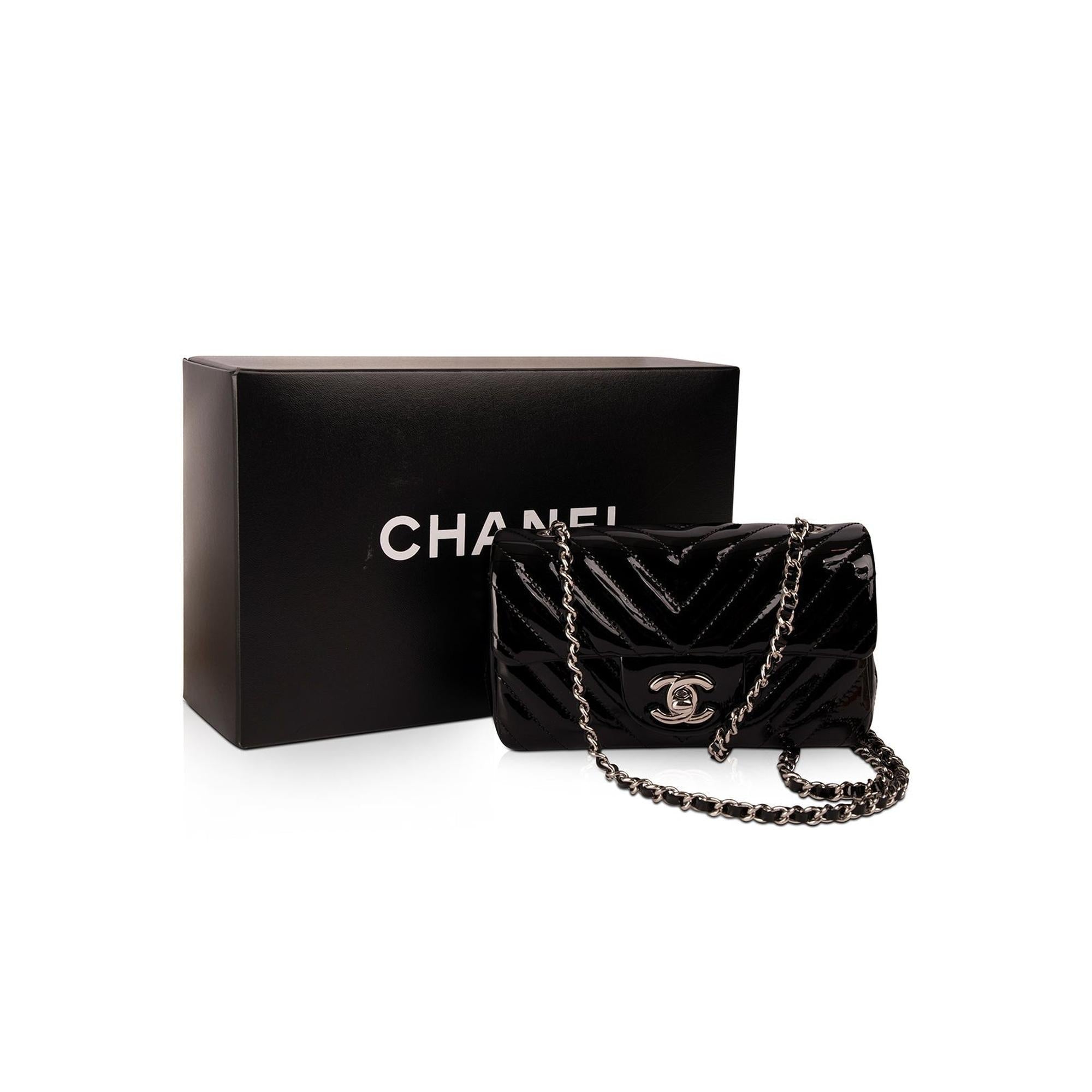 Chanel Extra Mini Black Chevron Patent Leather Classic Single Flap Bag w/ Box & Authenticity Card