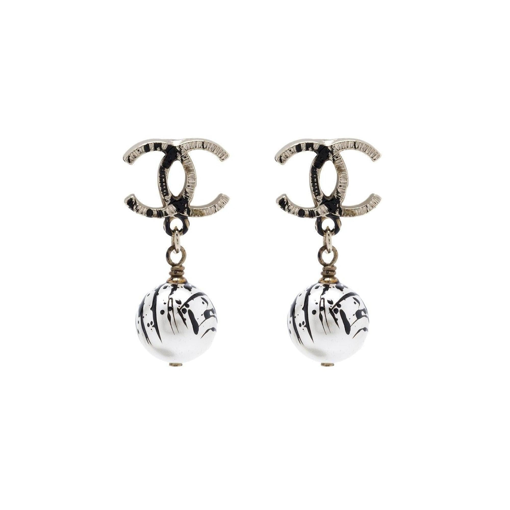 Chanel Faux Pearl CC Splatter Paint Drop Earrings