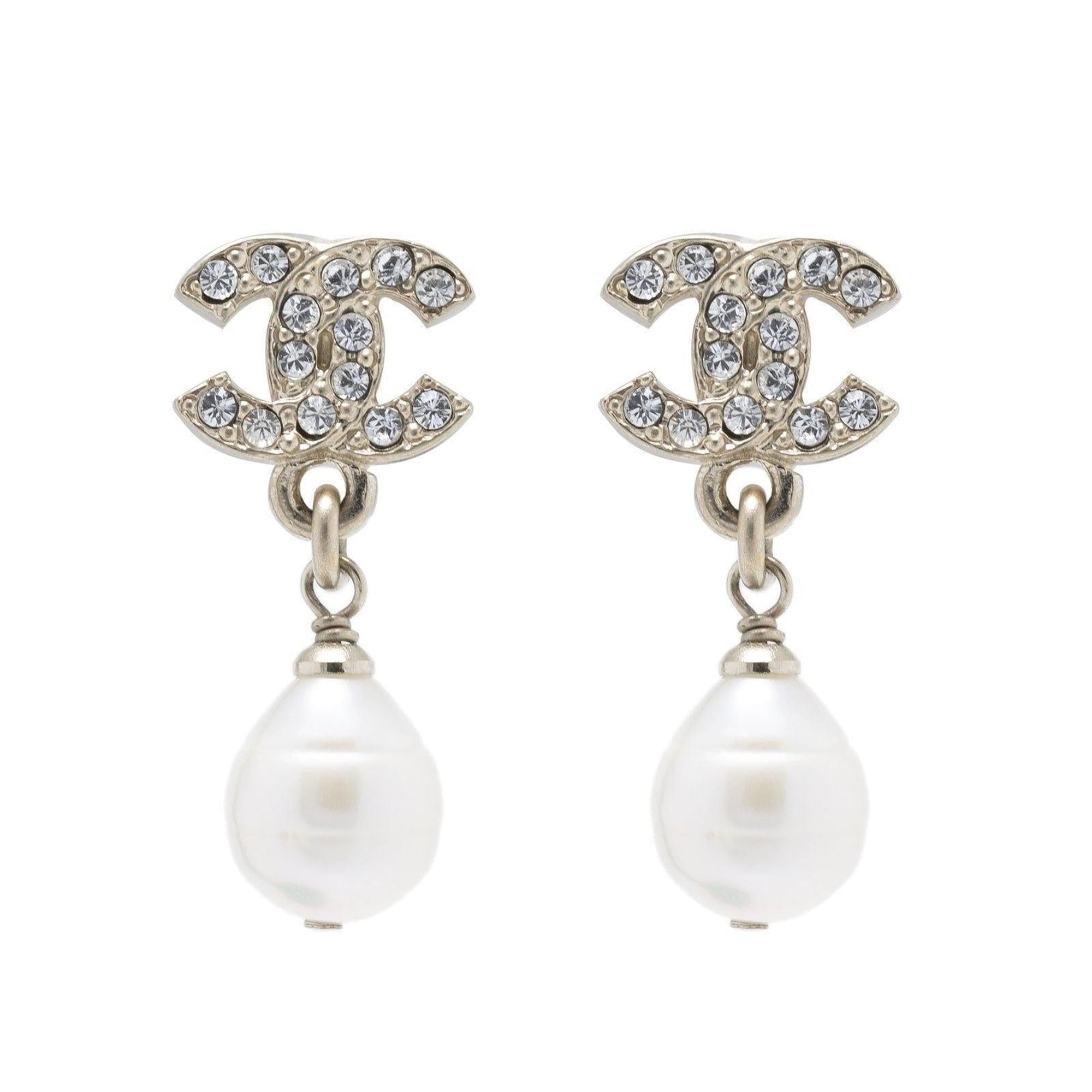Chanel Faux Pearl & Strass CC Drop Earrings