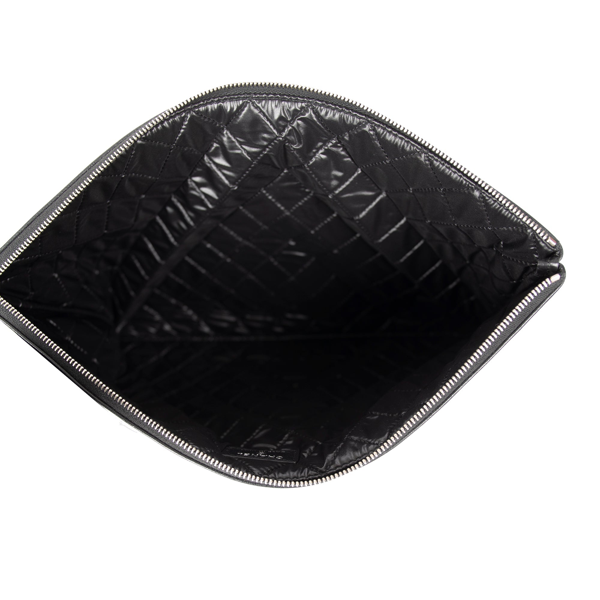 Chanel Large Mademoiselle Quilted Lambskin Leather O-Case Clutch w/ Box