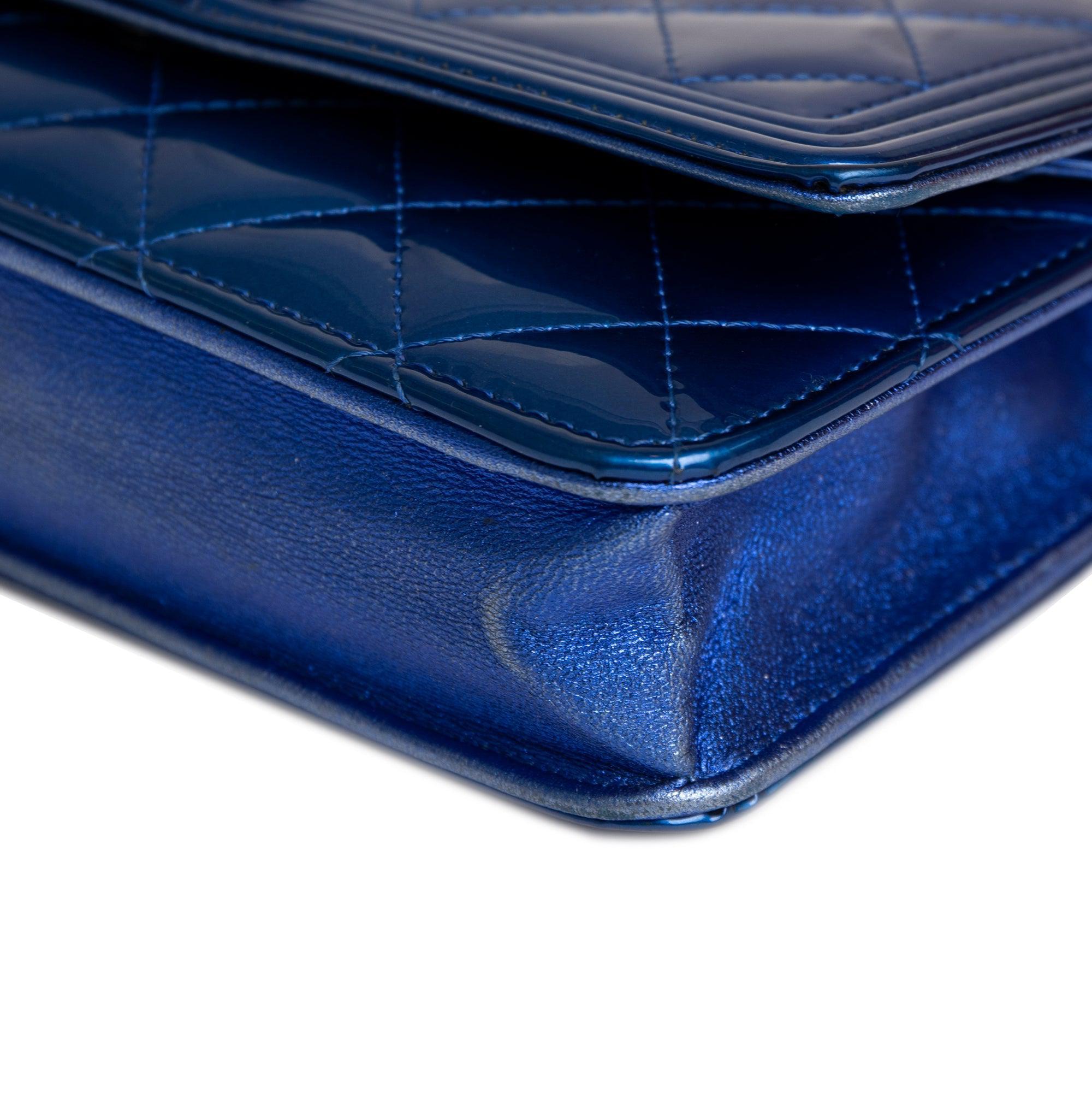 Chanel Metallic Blue Patent Leather Boy Wallet on Chain w/ Authenticity Card