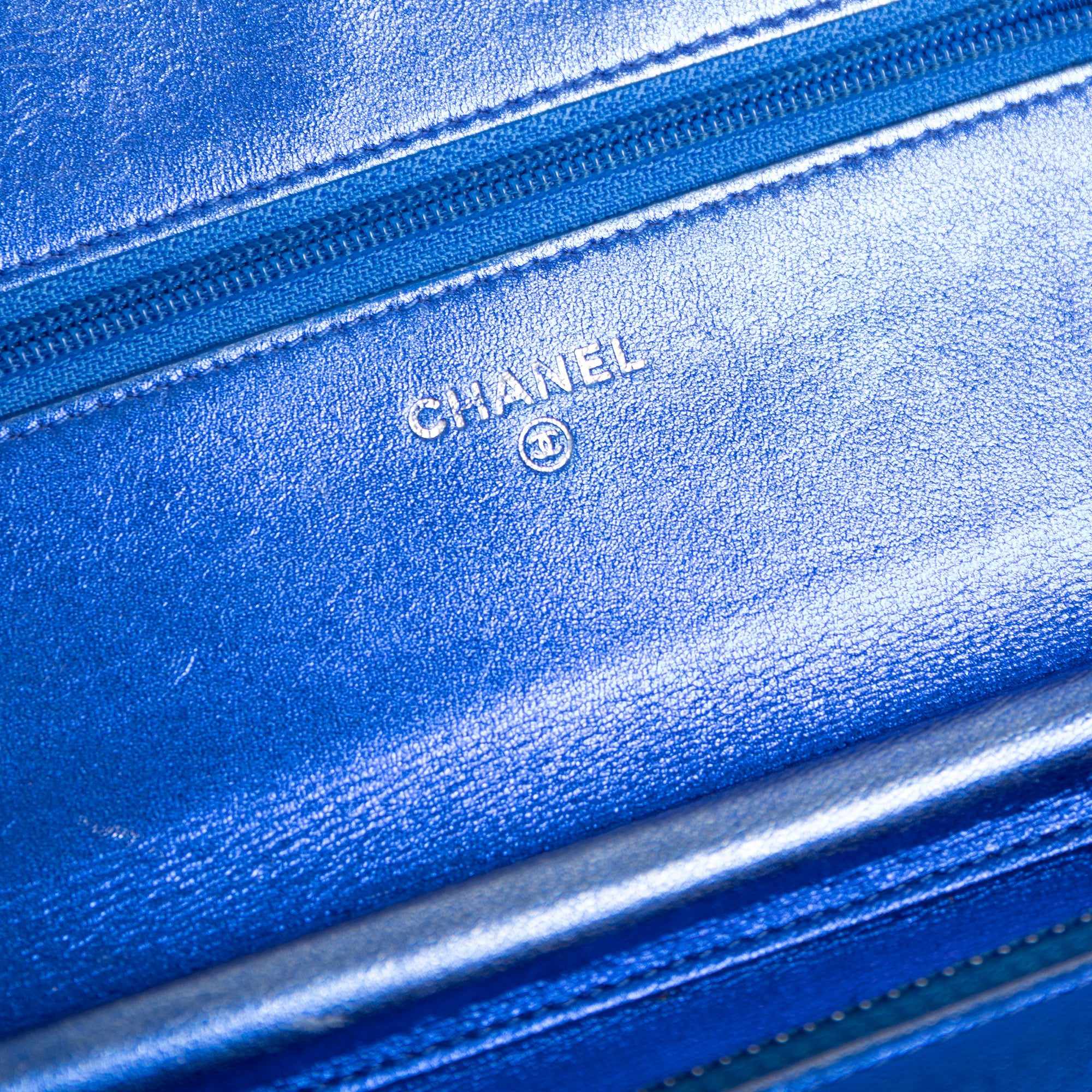 Chanel Metallic Blue Patent Leather Boy Wallet on Chain w/ Authenticity Card
