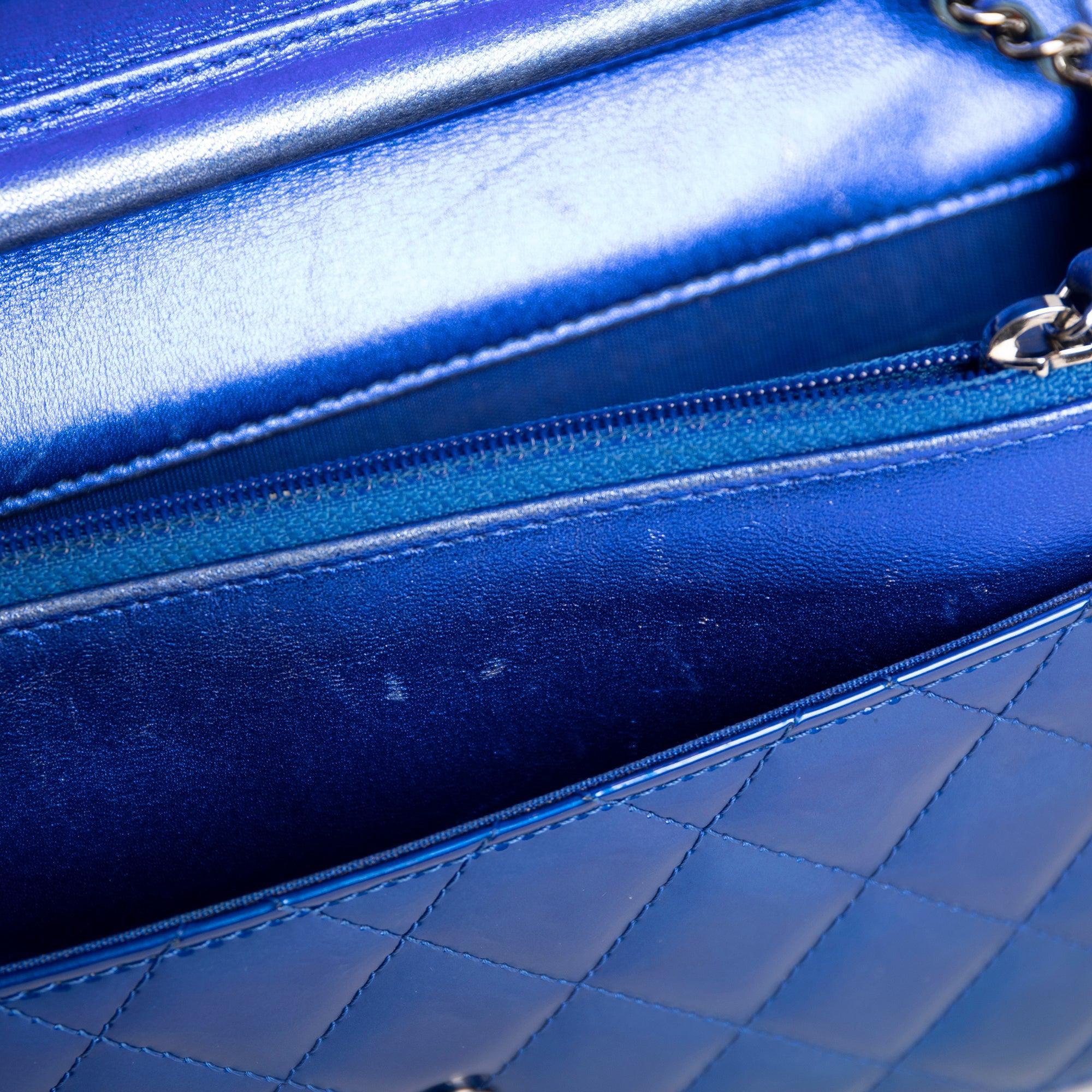Chanel Metallic Blue Patent Leather Boy Wallet on Chain w/ Authenticity Card