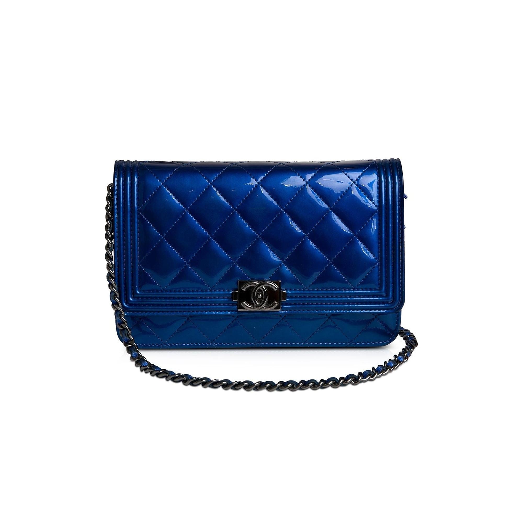 Chanel Metallic Blue Patent Leather Boy Wallet on Chain w/ Authenticity Card