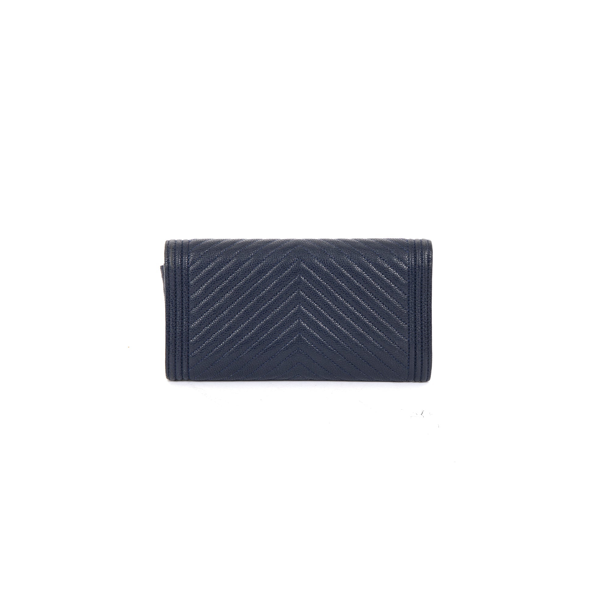 Chanel Navy Chevron Boy Long Flap Wallet w/ Authenticity Card