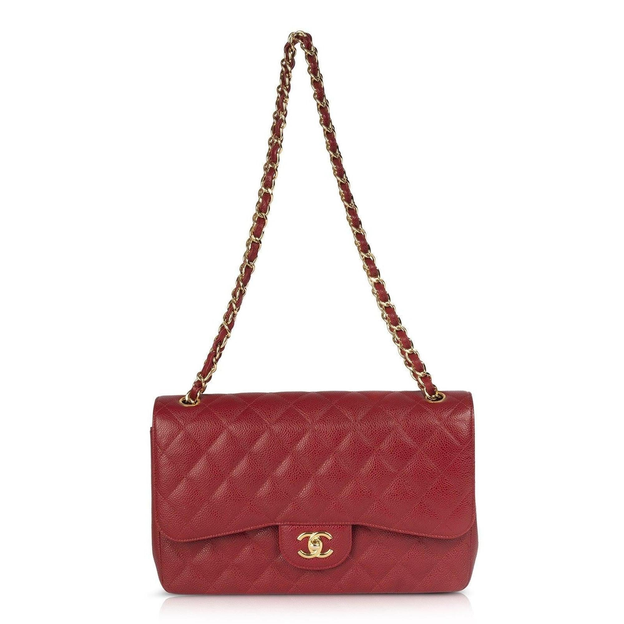 Chanel Red Caviar Large Classic Double Flap Bag w/ Box & Authenticity Card