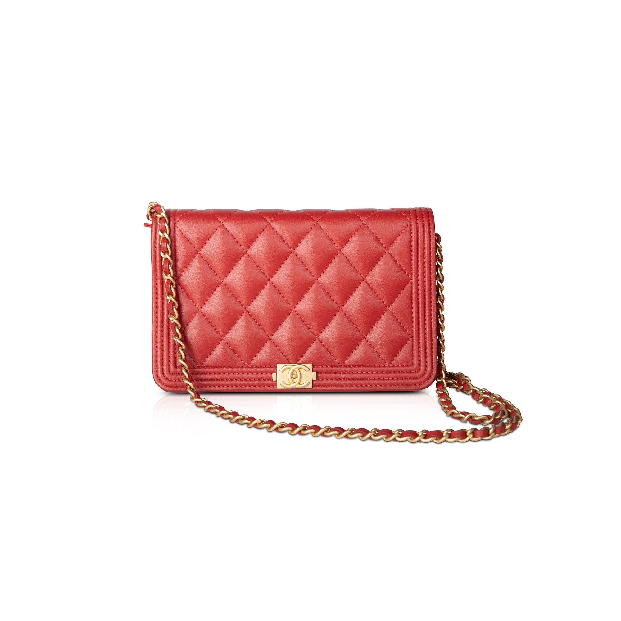 Chanel Red Lambskin Leather Boy Wallet on Chain w/ Box & Authenticity Card