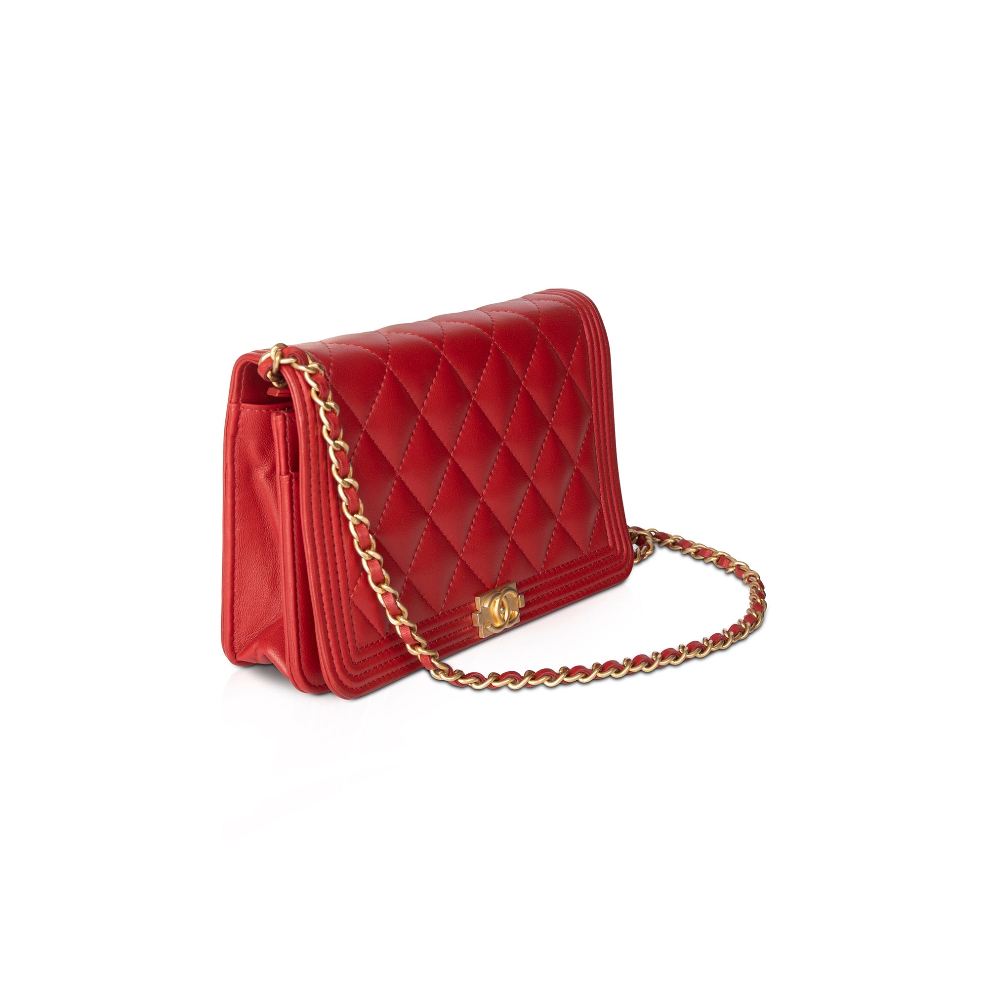 Chanel Red Lambskin Leather Boy Wallet on Chain w/ Box & Authenticity Card