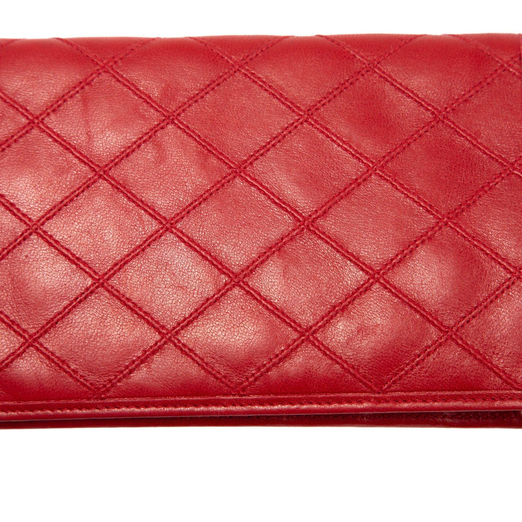 Chanel Red Leather Diamond Stitch Bifold Yen Wallet w/ Authenticity Card