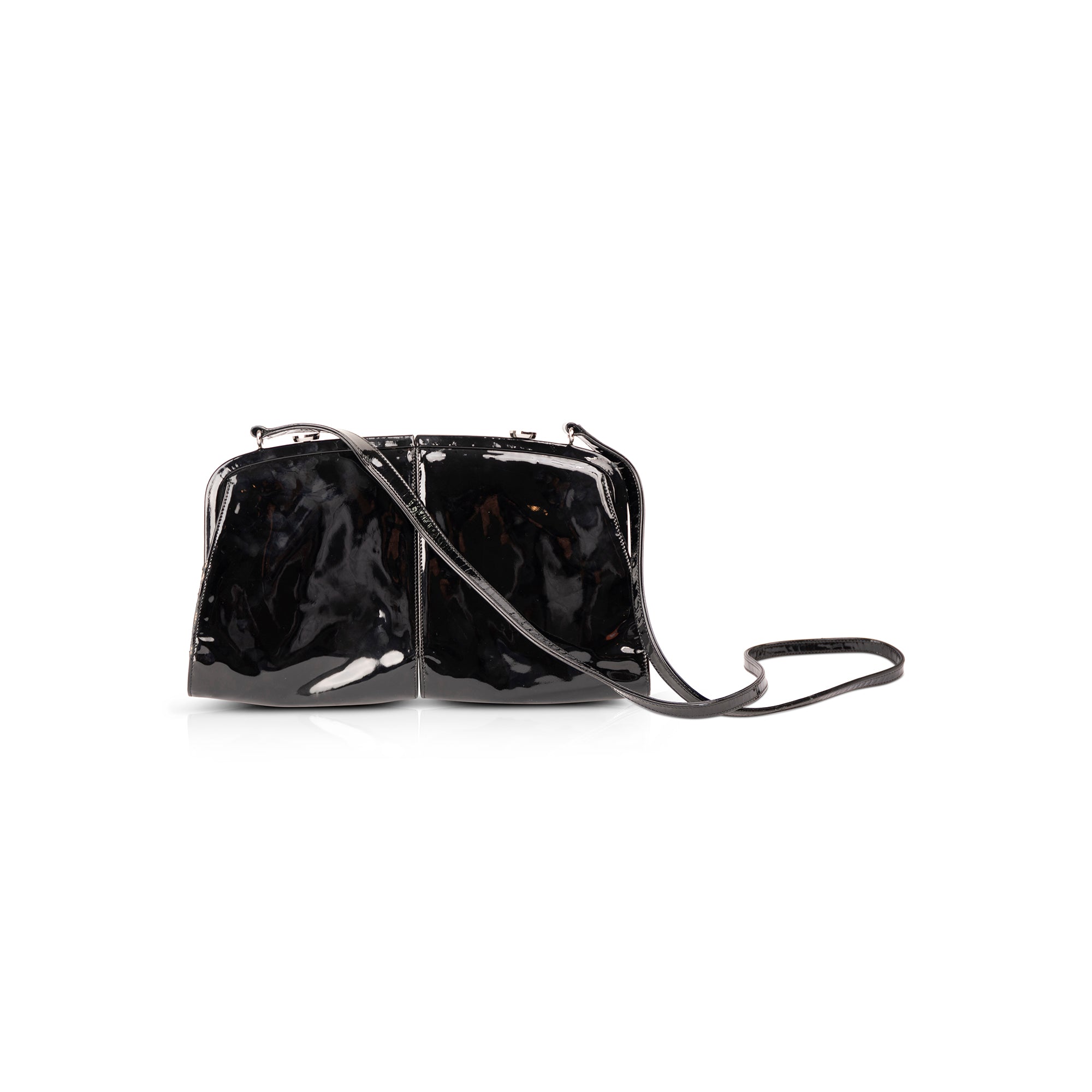 Chanel Double Split Frame Runway Black Patent Leather Cross Body Bag