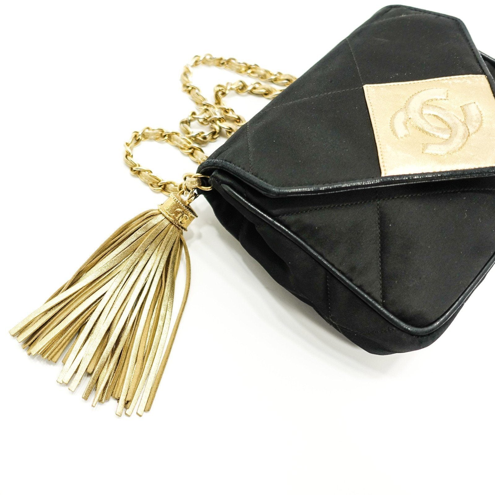Chanel Satin Black and Gold Tassel Evening Bag