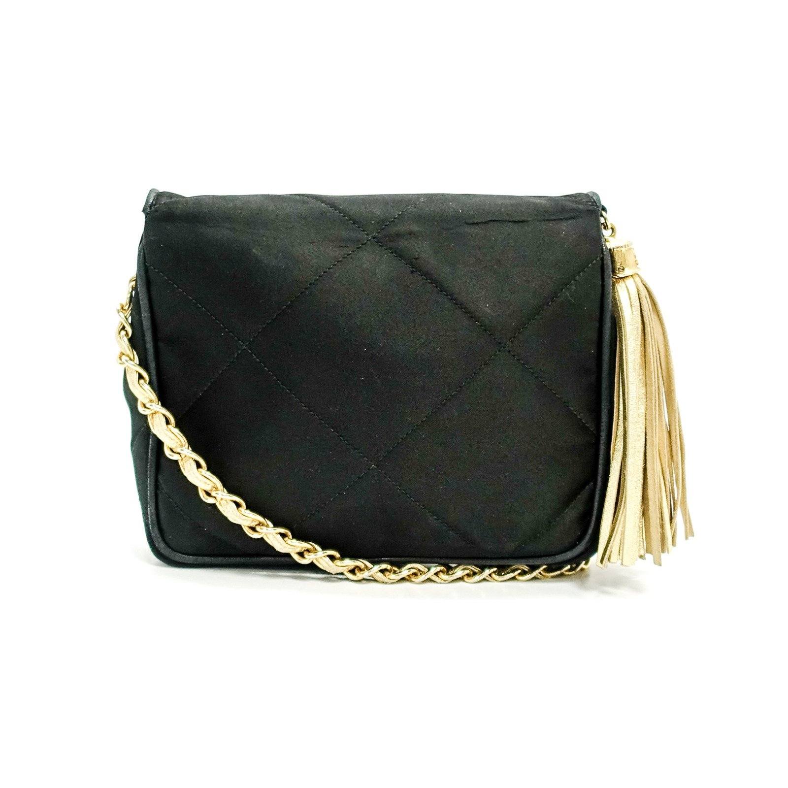 Chanel Satin Black and Gold Tassel Evening Bag