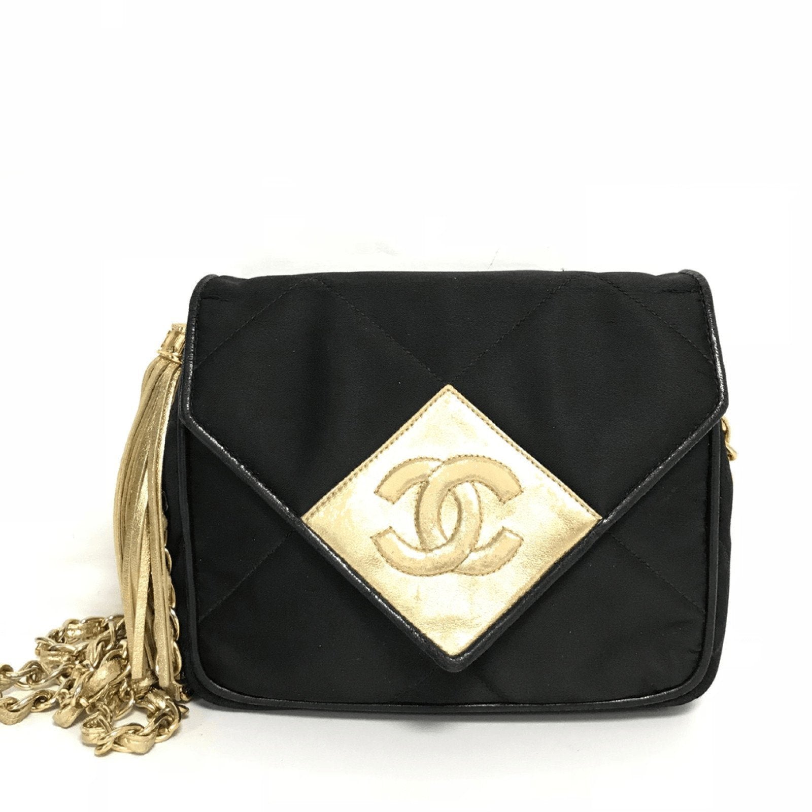 Chanel Satin Black and Gold Tassel Evening Bag