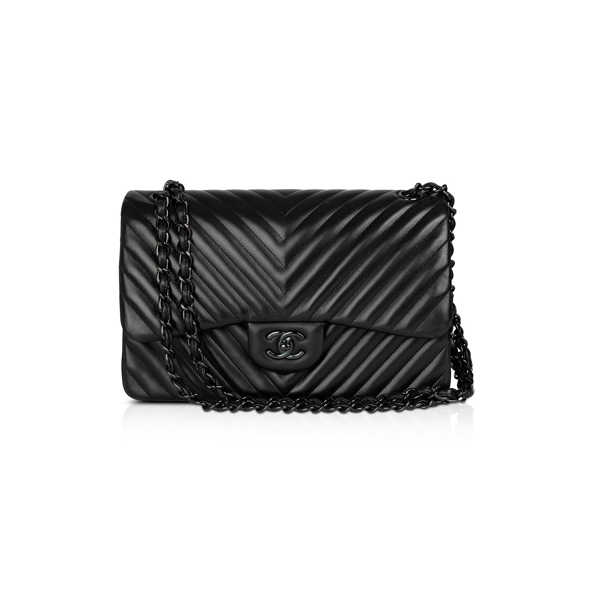 Chanel So Black Chevron Classic Jumbo Double Flap Bag w/ Box