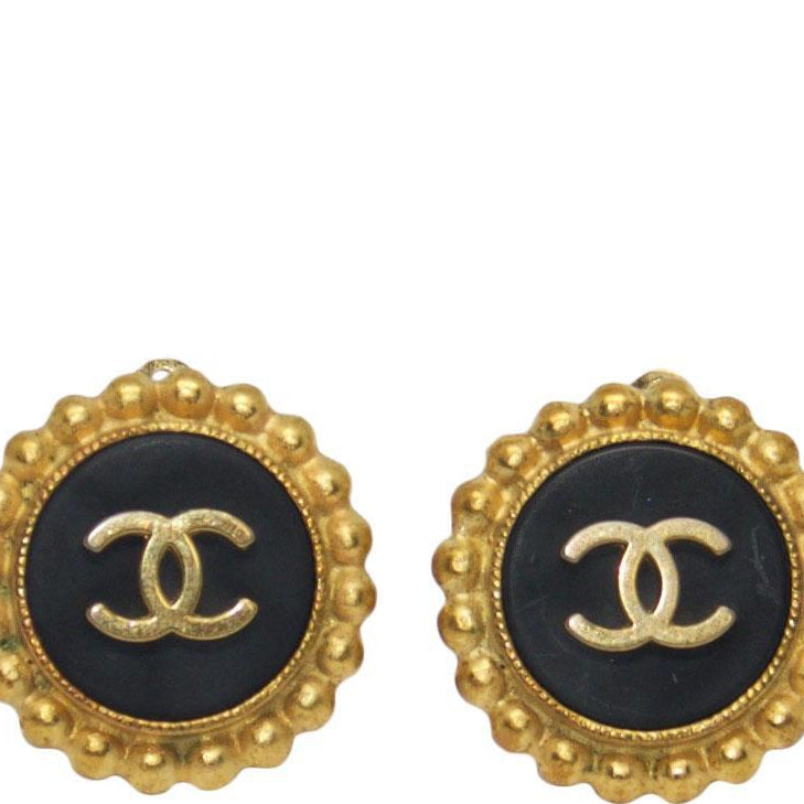CHANEL, Jewelry, Chanel Button Earrings Gold Black Clipon 94a 4272