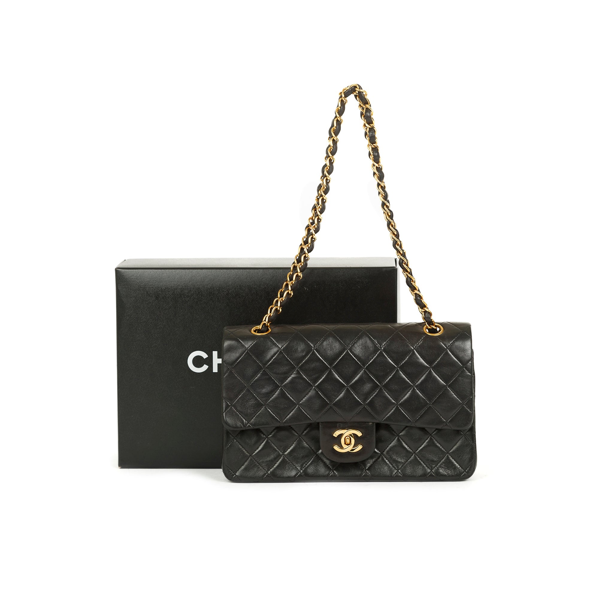 Chanel Vintage Black Lambskin Medium Classic Double Flap Bag w/ Box