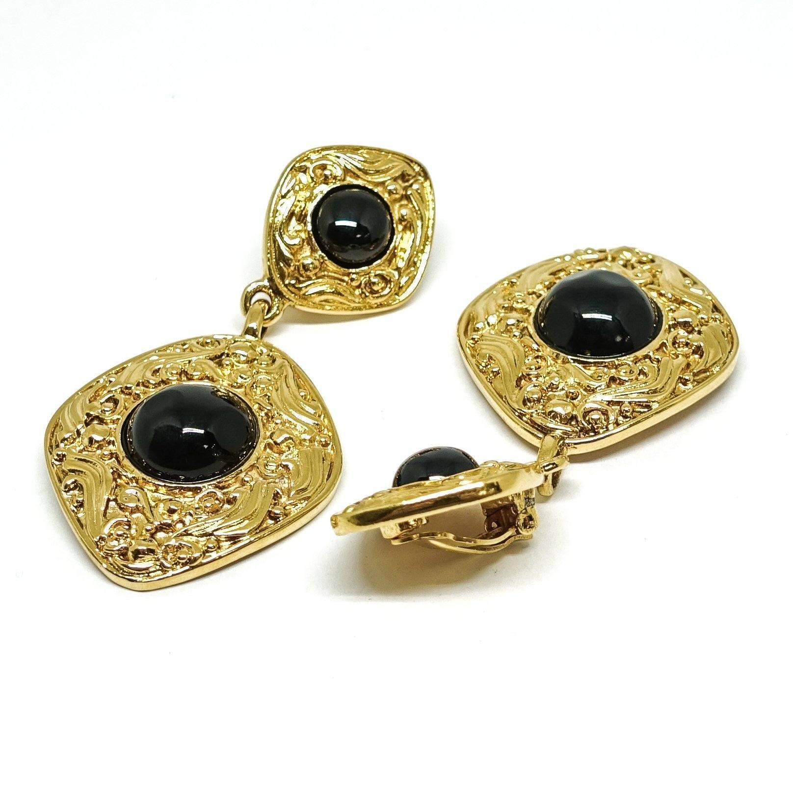 Chanel Vintage Gold Plated Large Dangle Earrings with Faux Black Pearls