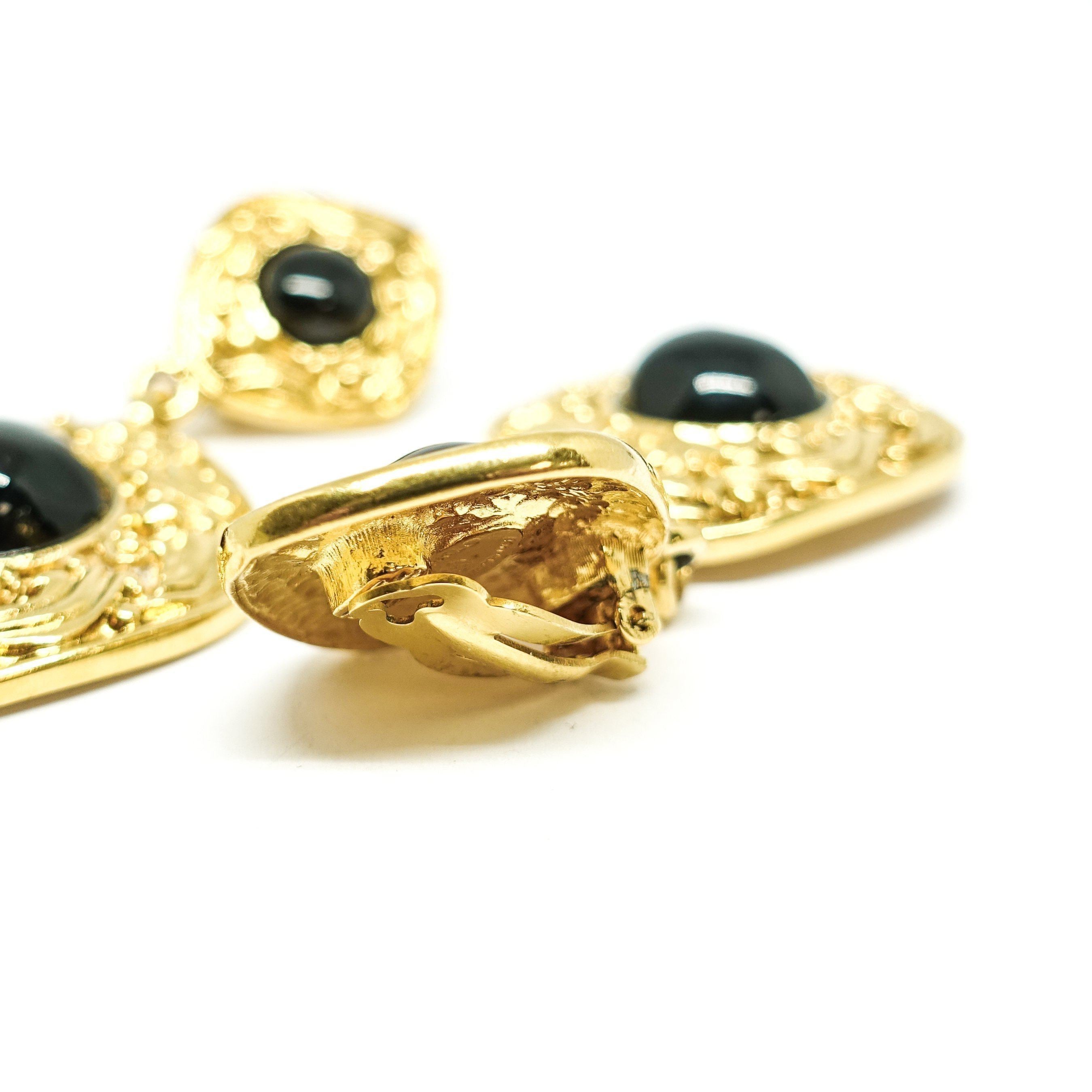 Chanel Vintage Gold Plated Large Dangle Earrings with Faux Black Pearls