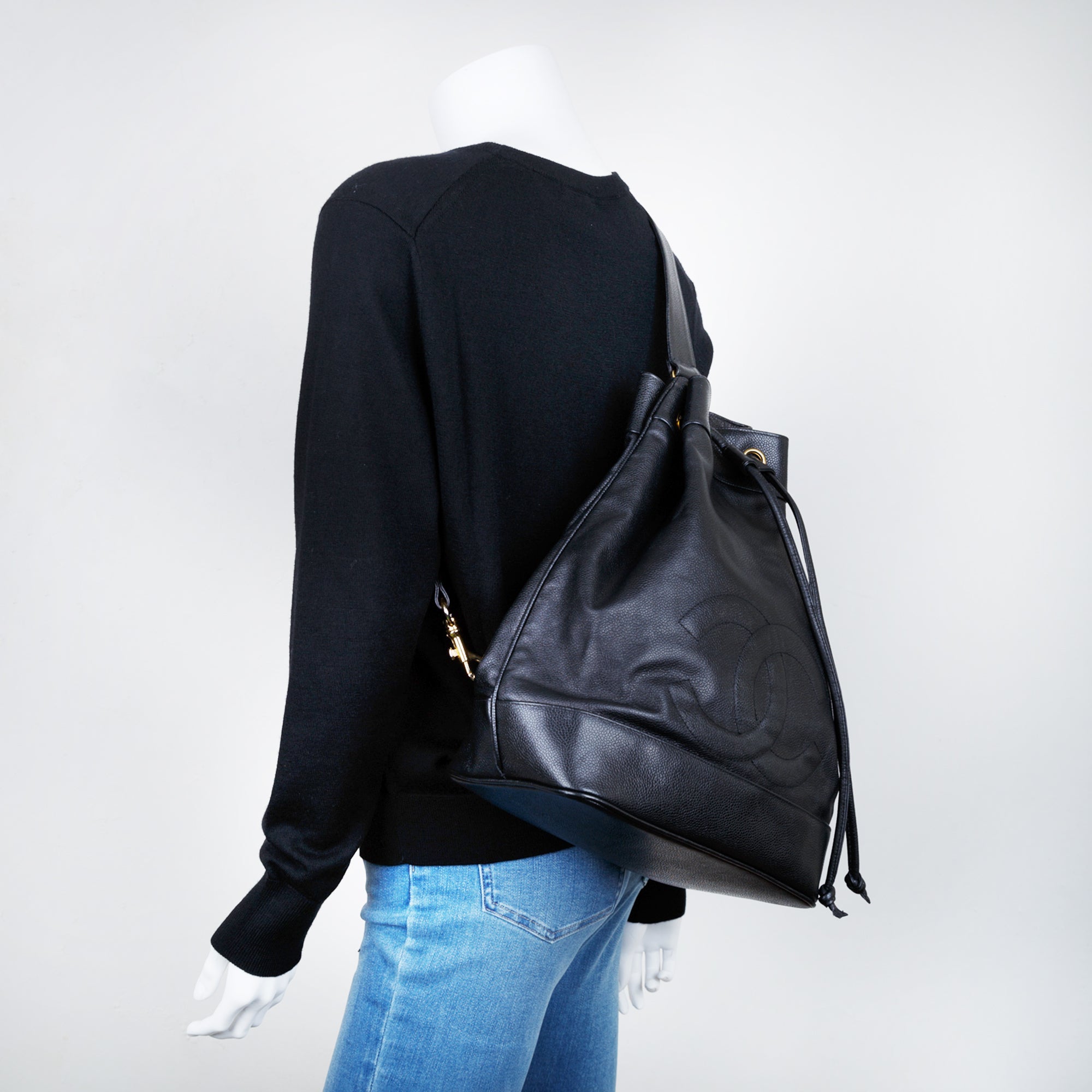 Chanel Vintage Large Caviar Leather Timeless Drawstring Sling Backpack